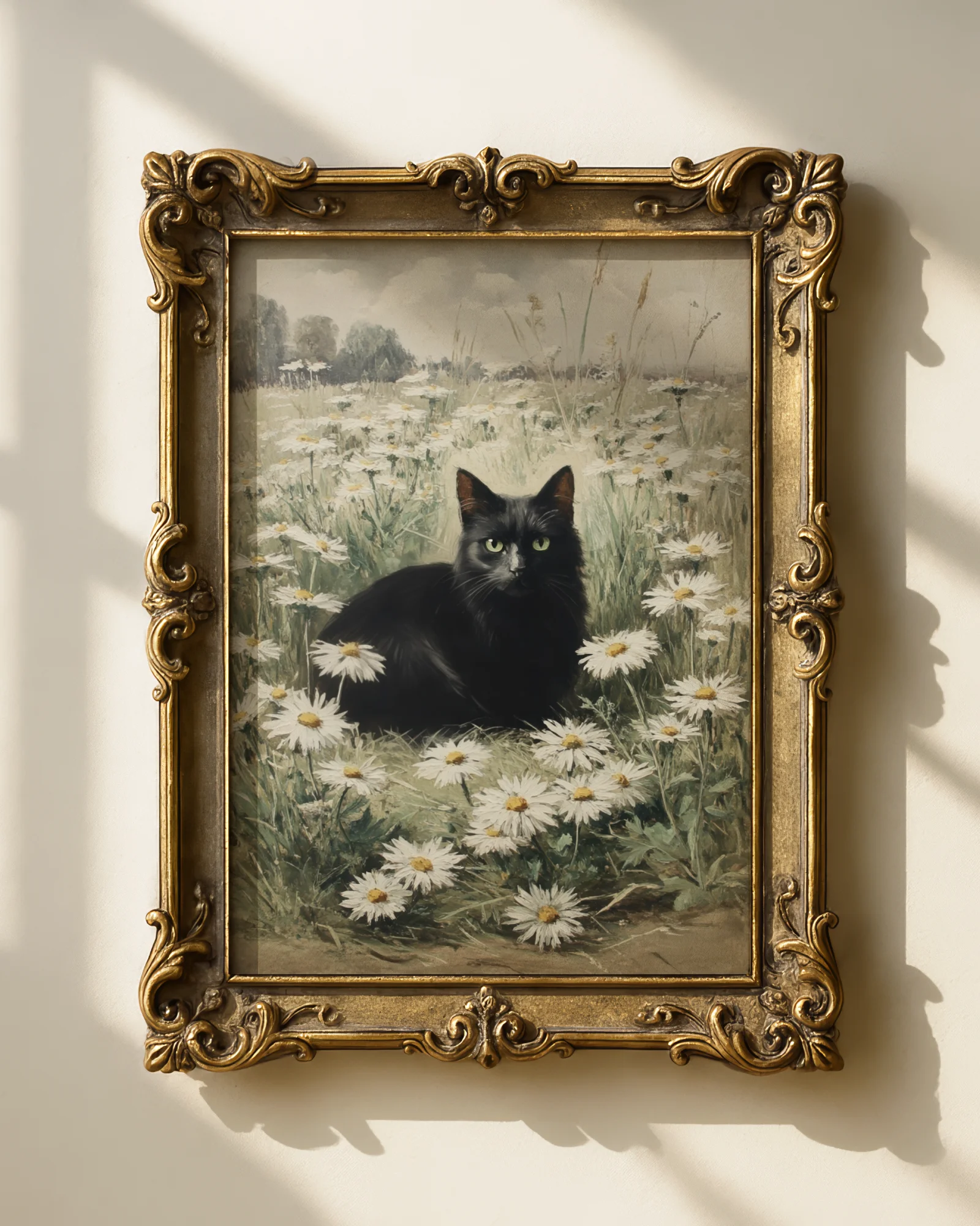 Vintage Black Cat in Daisy Field Printable Cat Poster