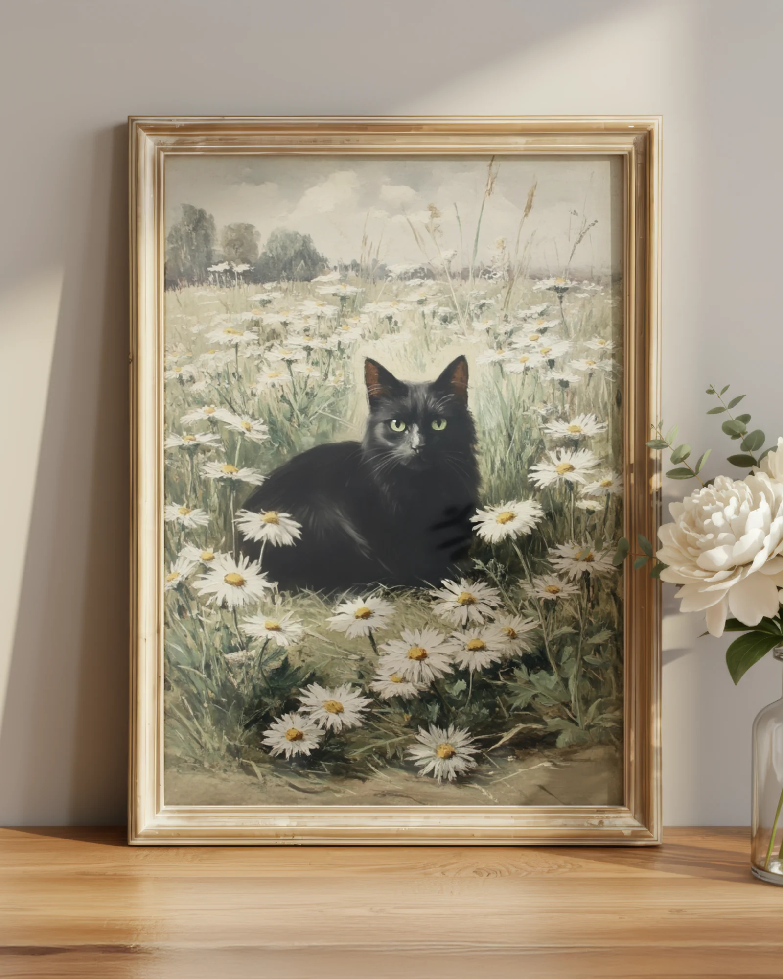 Vintage Black Cat in Daisy Field Printable Cat Poster