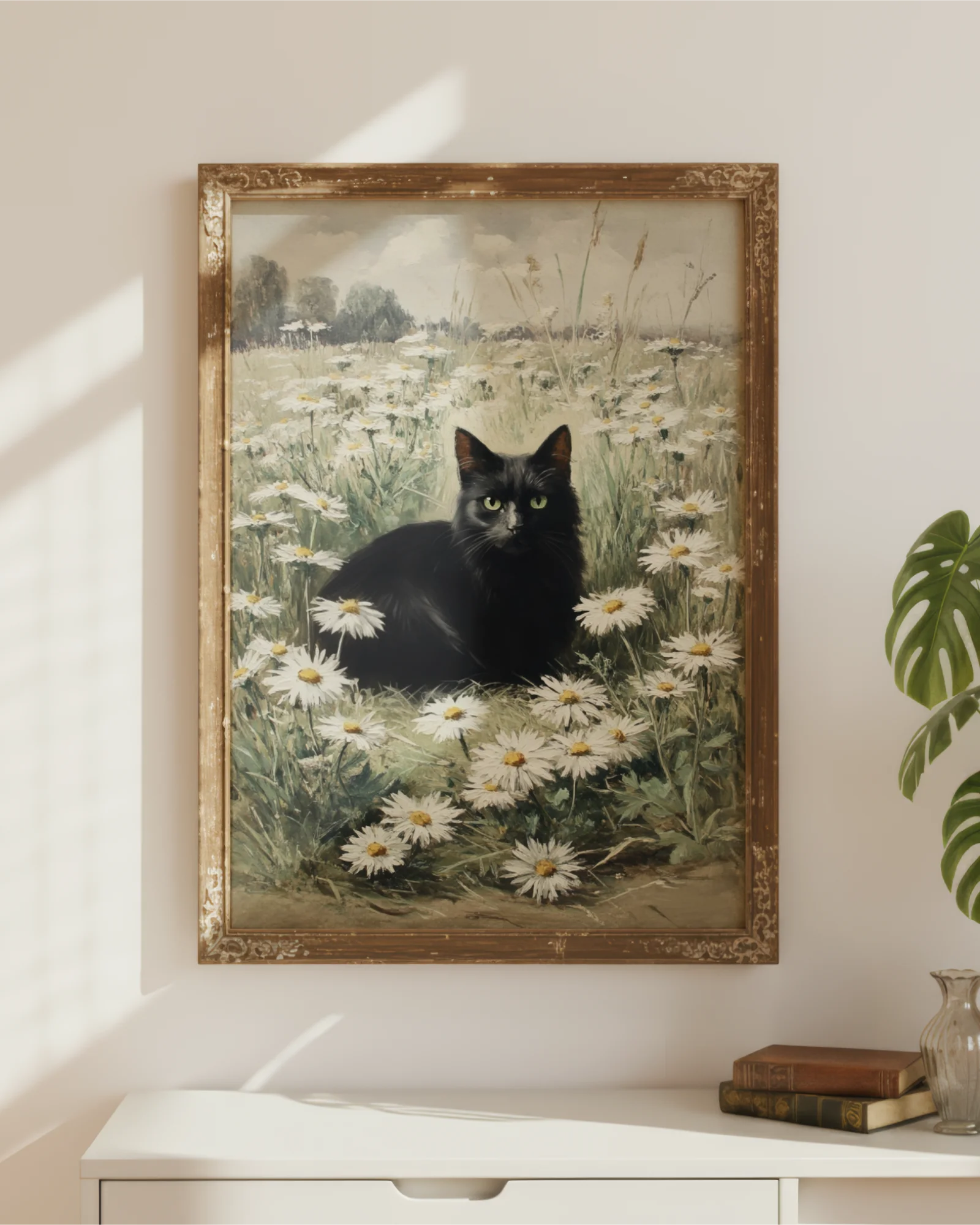 Vintage Black Cat in Daisy Field Printable Cat Poster