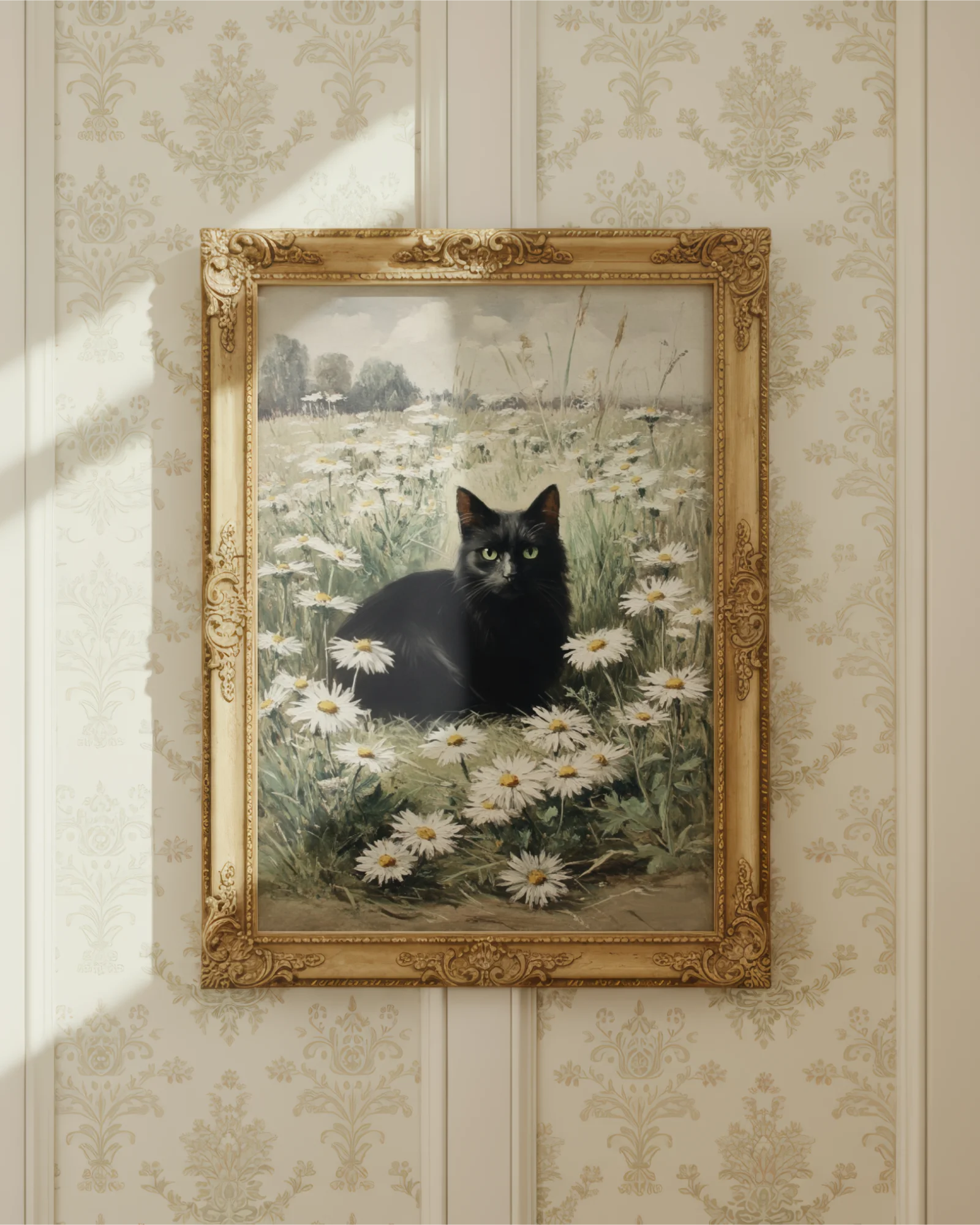 Vintage Black Cat in Daisy Field Printable Cat Poster