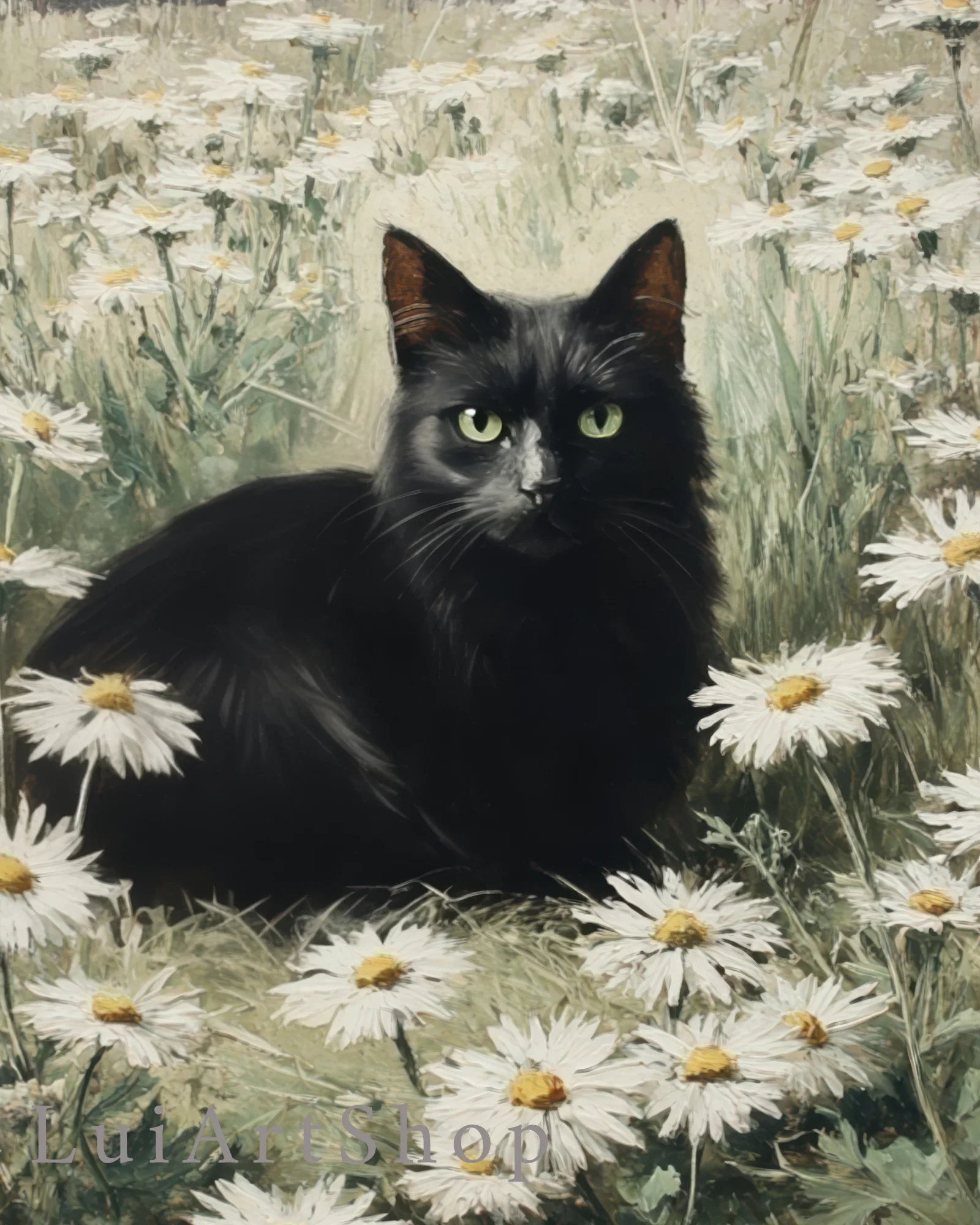 Vintage Black Cat in Daisy Field Printable Cat Poster