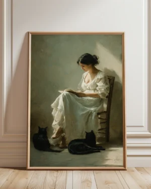 Vintage Woman Reading with Black Cats Printable Poster