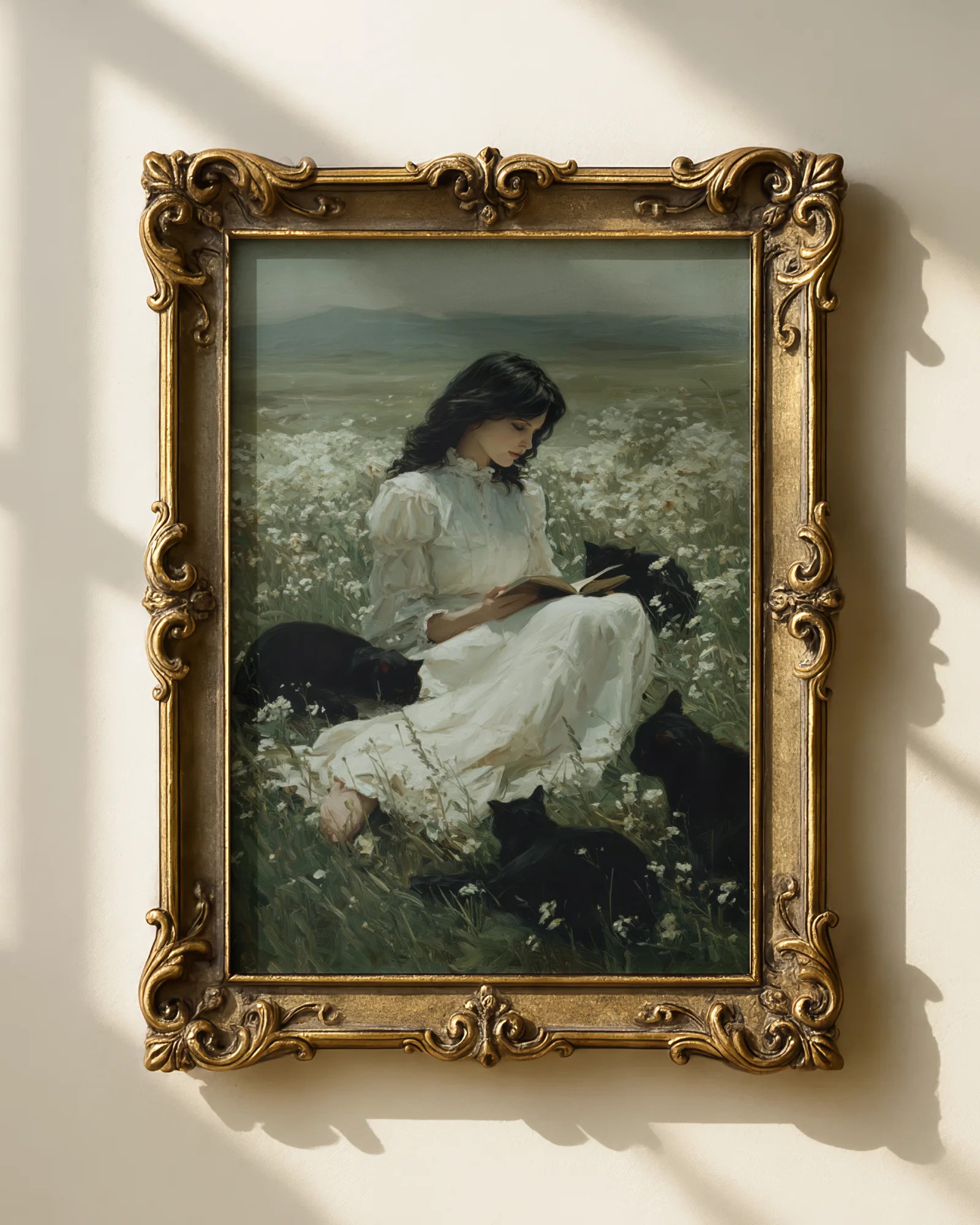 Woman Reading in Flower Field with Black Cats Printable Poster