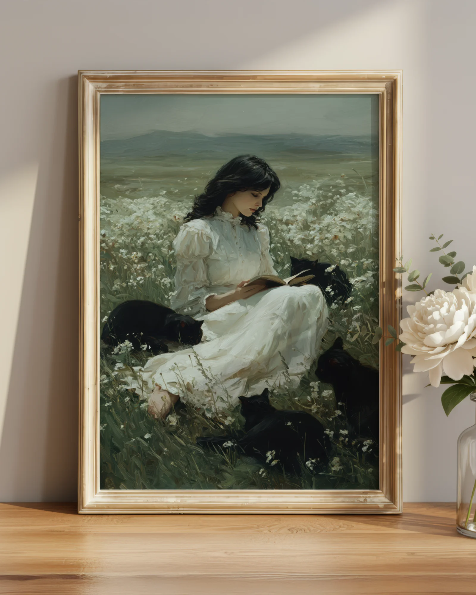 Woman Reading in Flower Field with Black Cats Printable Poster