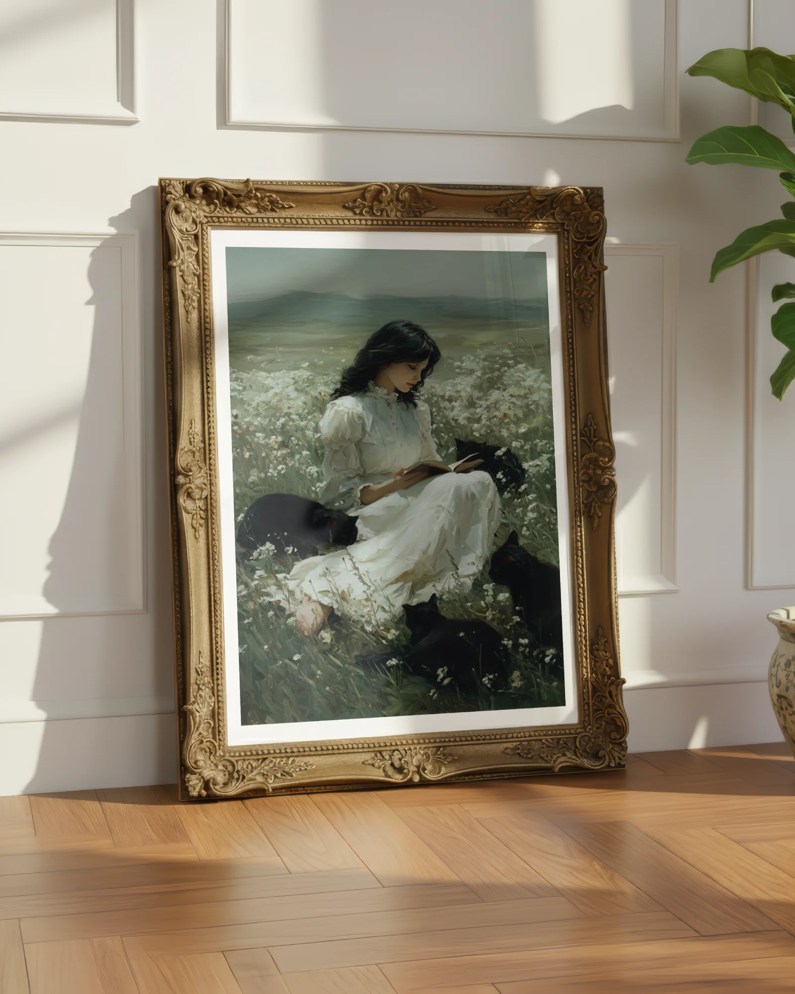 Woman Reading in Flower Field with Black Cats Printable Poster