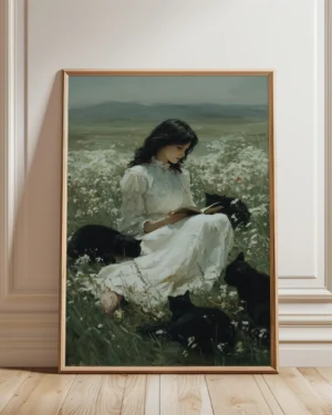 Woman Reading in Flower Field with Black Cats Printable Poster