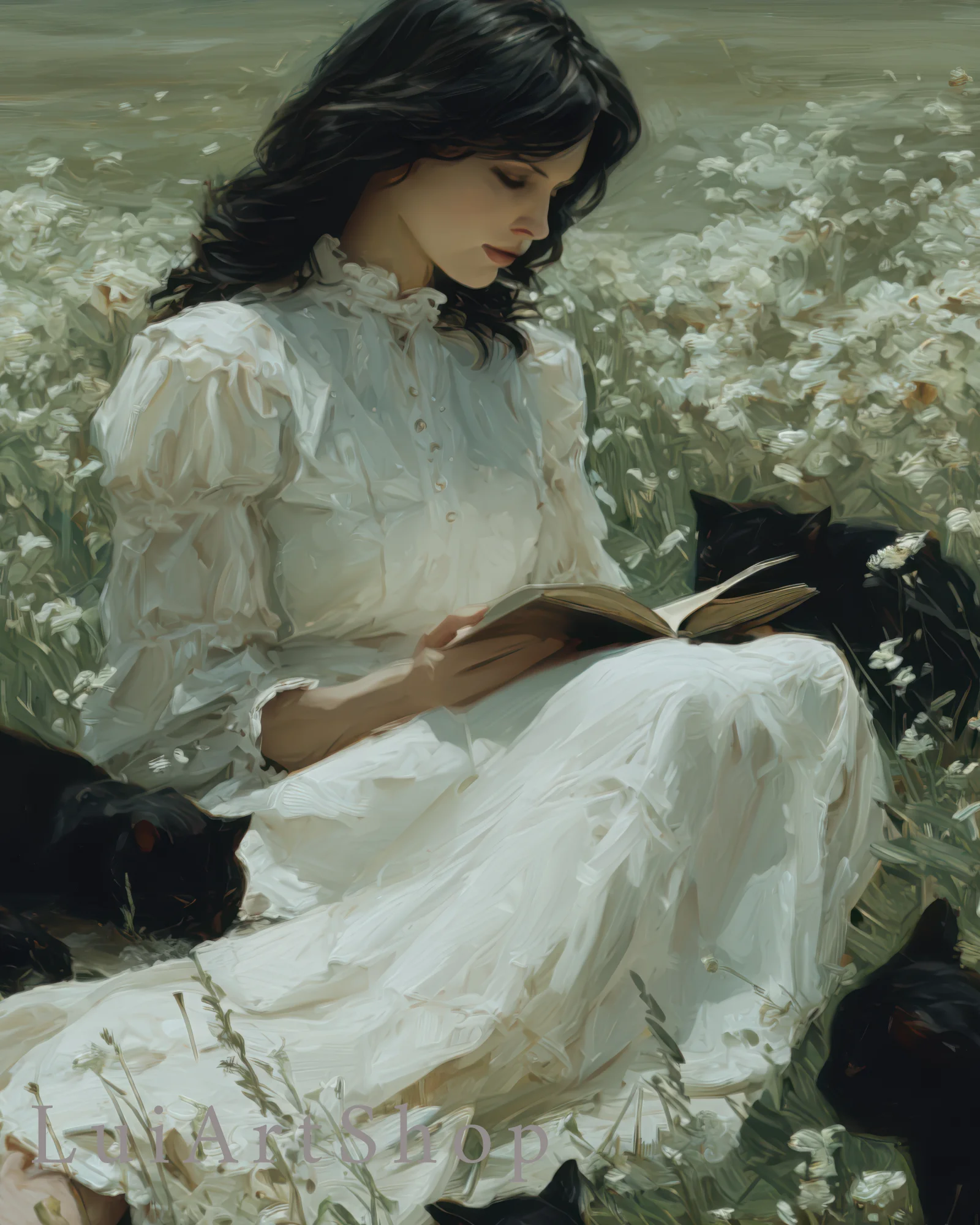 Woman Reading in Flower Field with Black Cats Printable Poster
