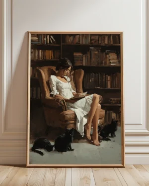Woman Reading in a Library with Black Cats Printable Poster