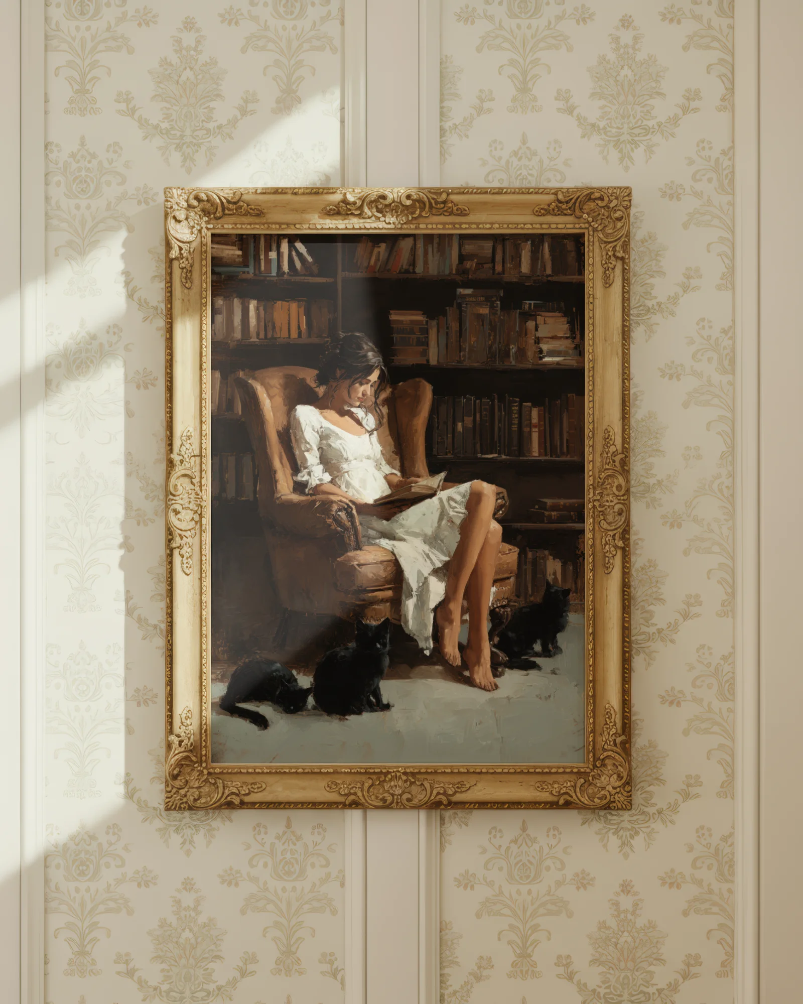 Woman Reading in a Library with Black Cats Printable Poster