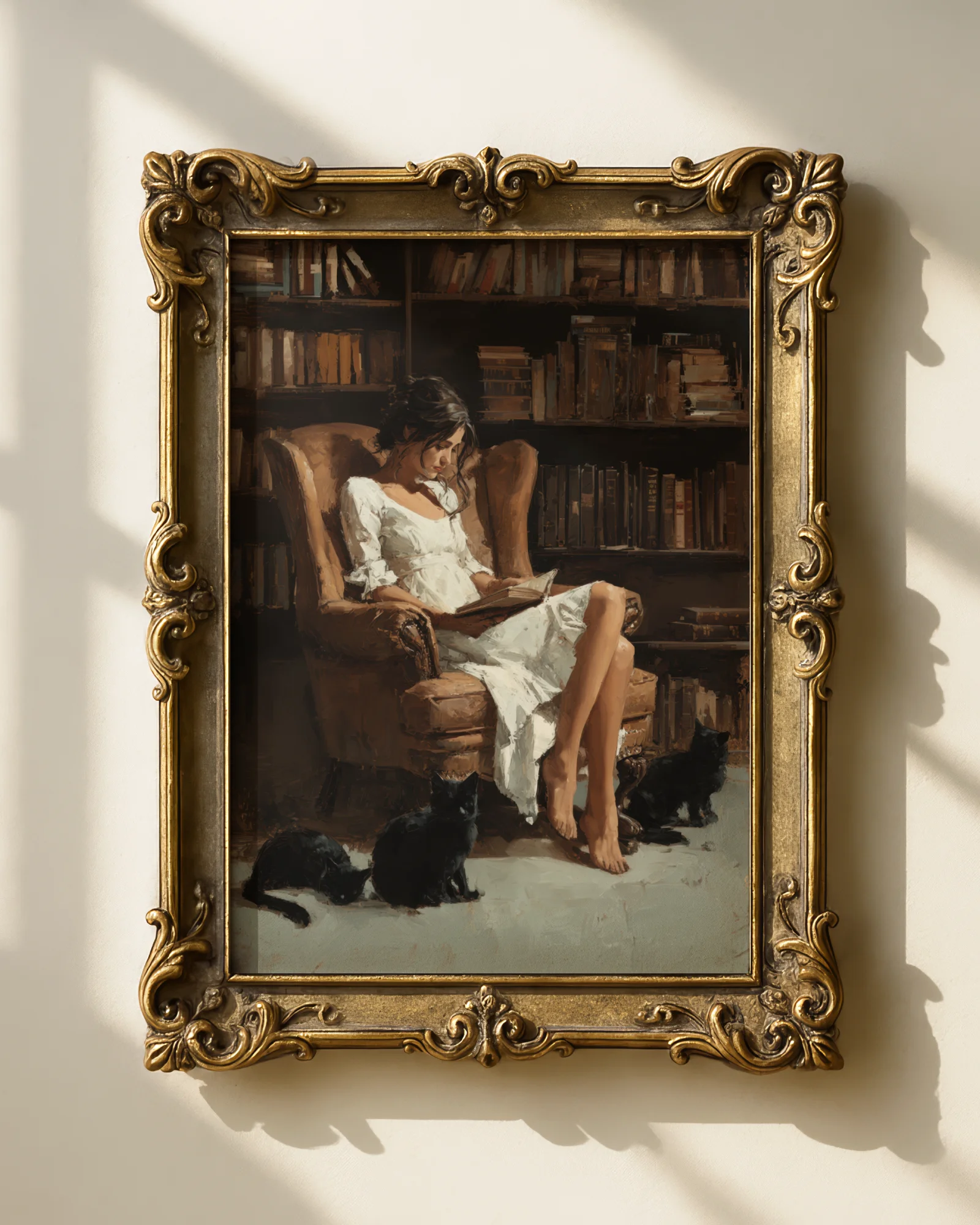 Woman Reading in a Library with Black Cats Printable Poster