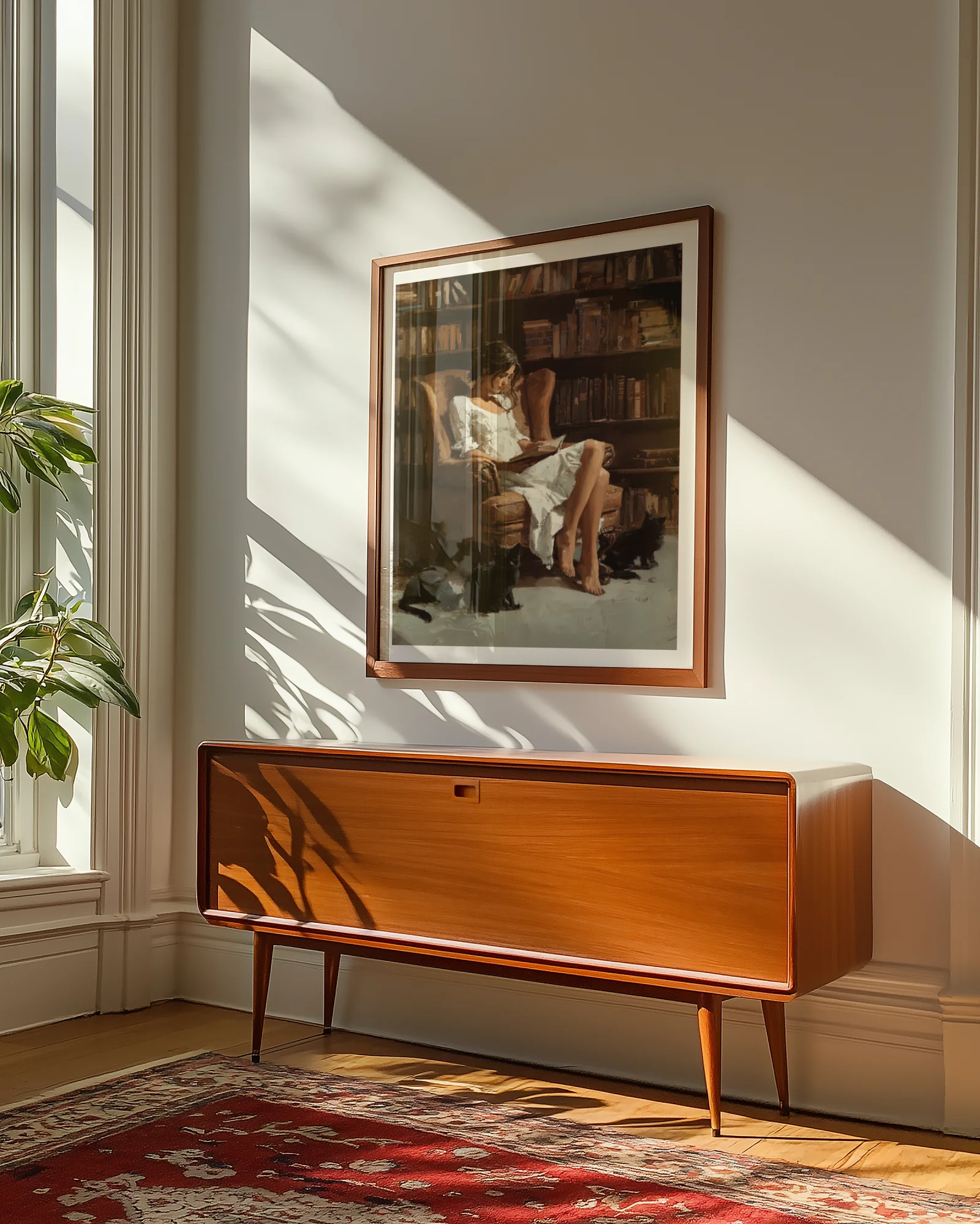 Woman Reading in a Library with Black Cats Printable Poster