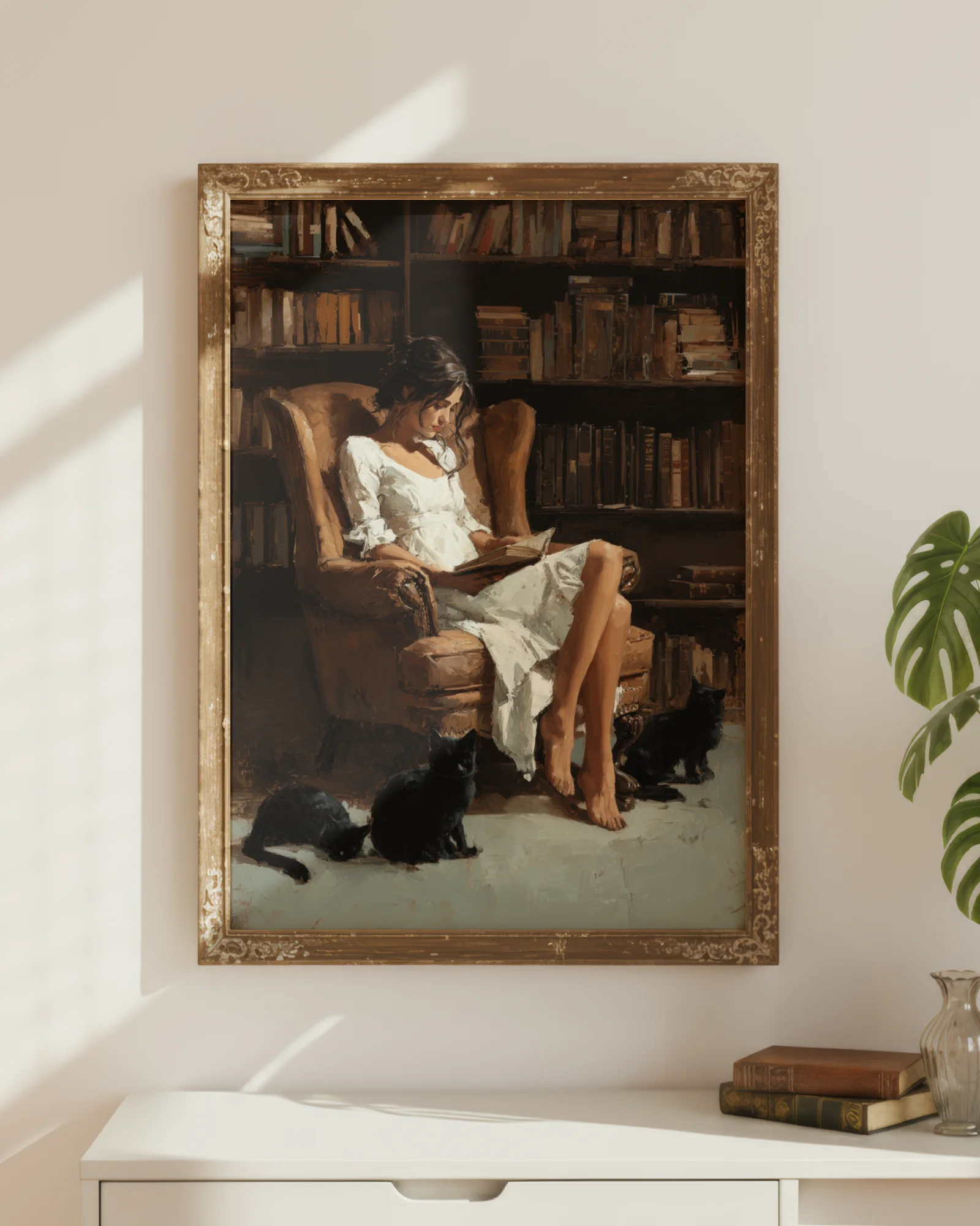 Woman Reading in a Library with Black Cats Printable Poster