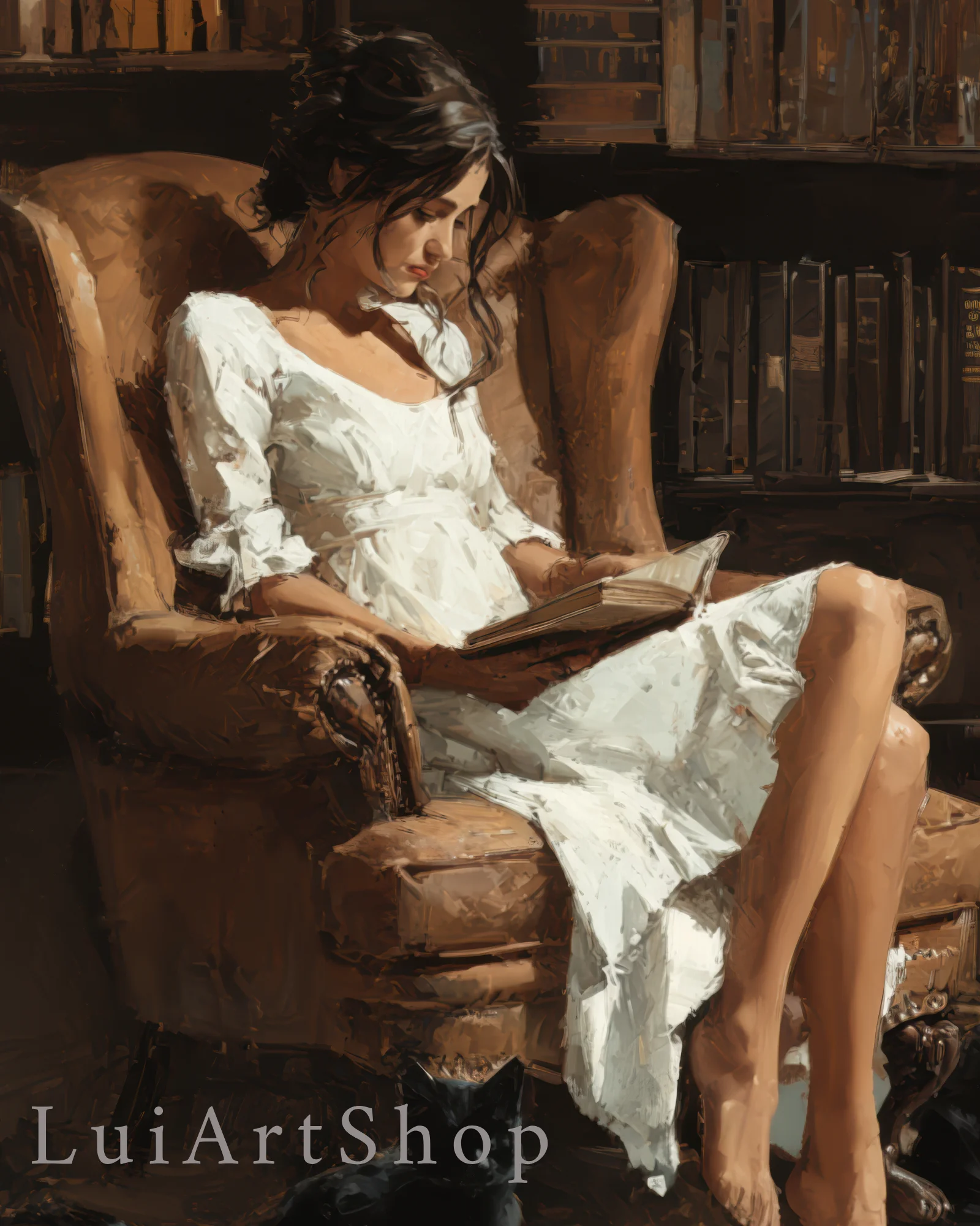 Woman Reading in a Library with Black Cats Printable Poster