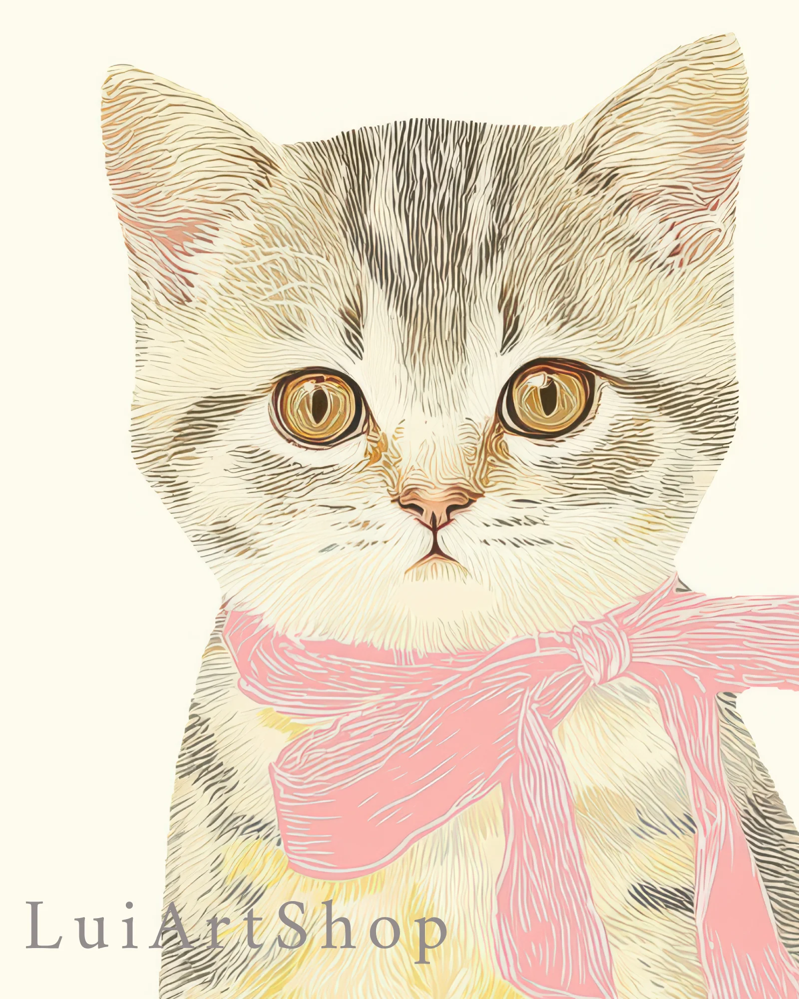 Gray Tabby Kitten Pink Gingham Nursery Printable Cat Poster