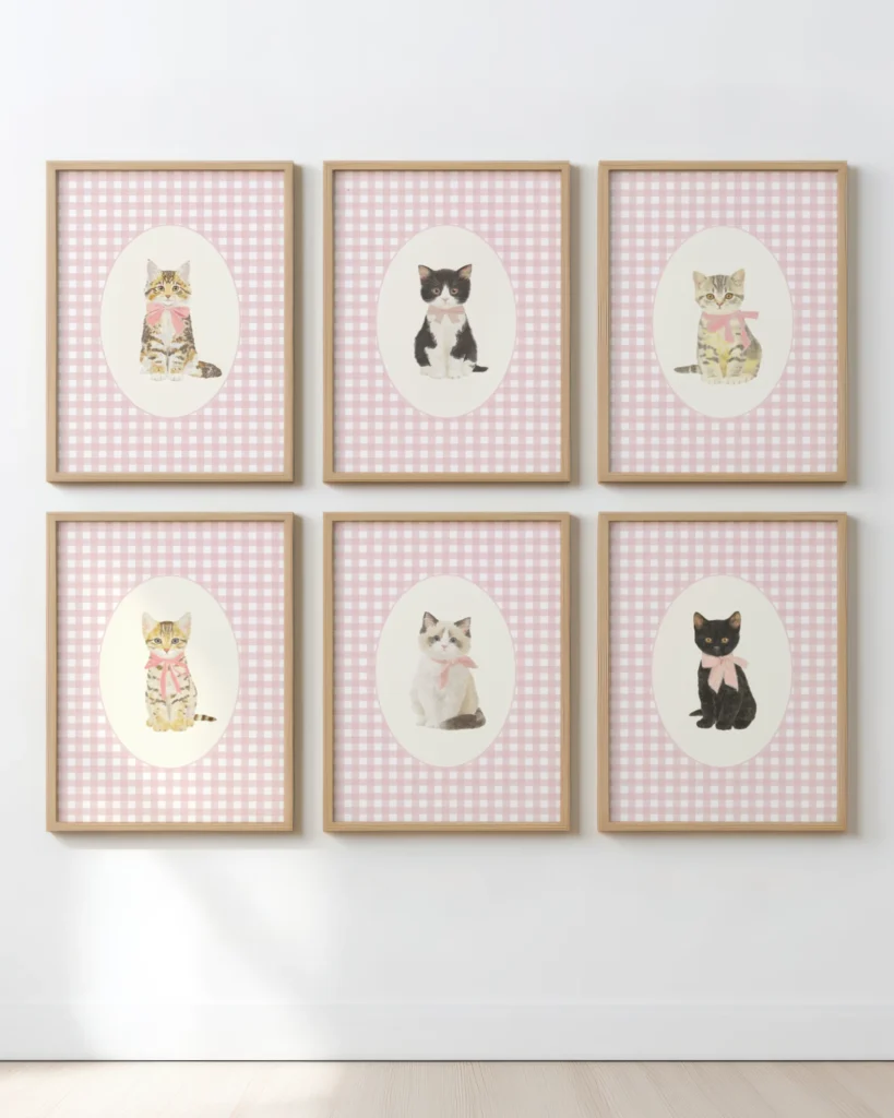 Set of 6 Pink Gingham Kitten Printable Cat Posters