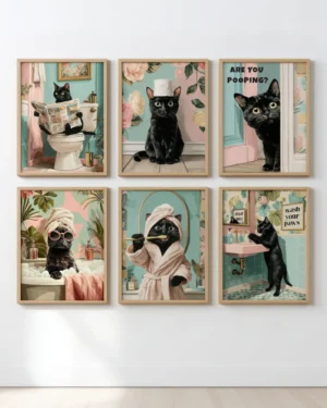 Black Cat Bathroom Printable Poster Set of 6