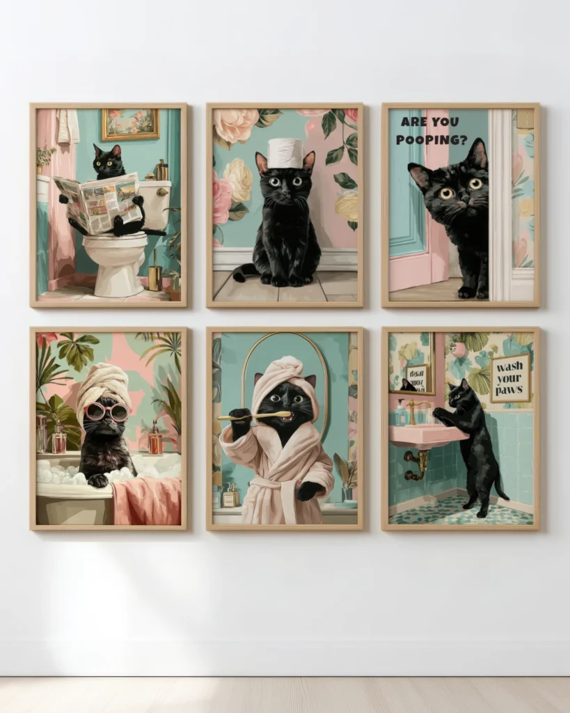 Black Cat Bathroom Printable Poster Set of 6