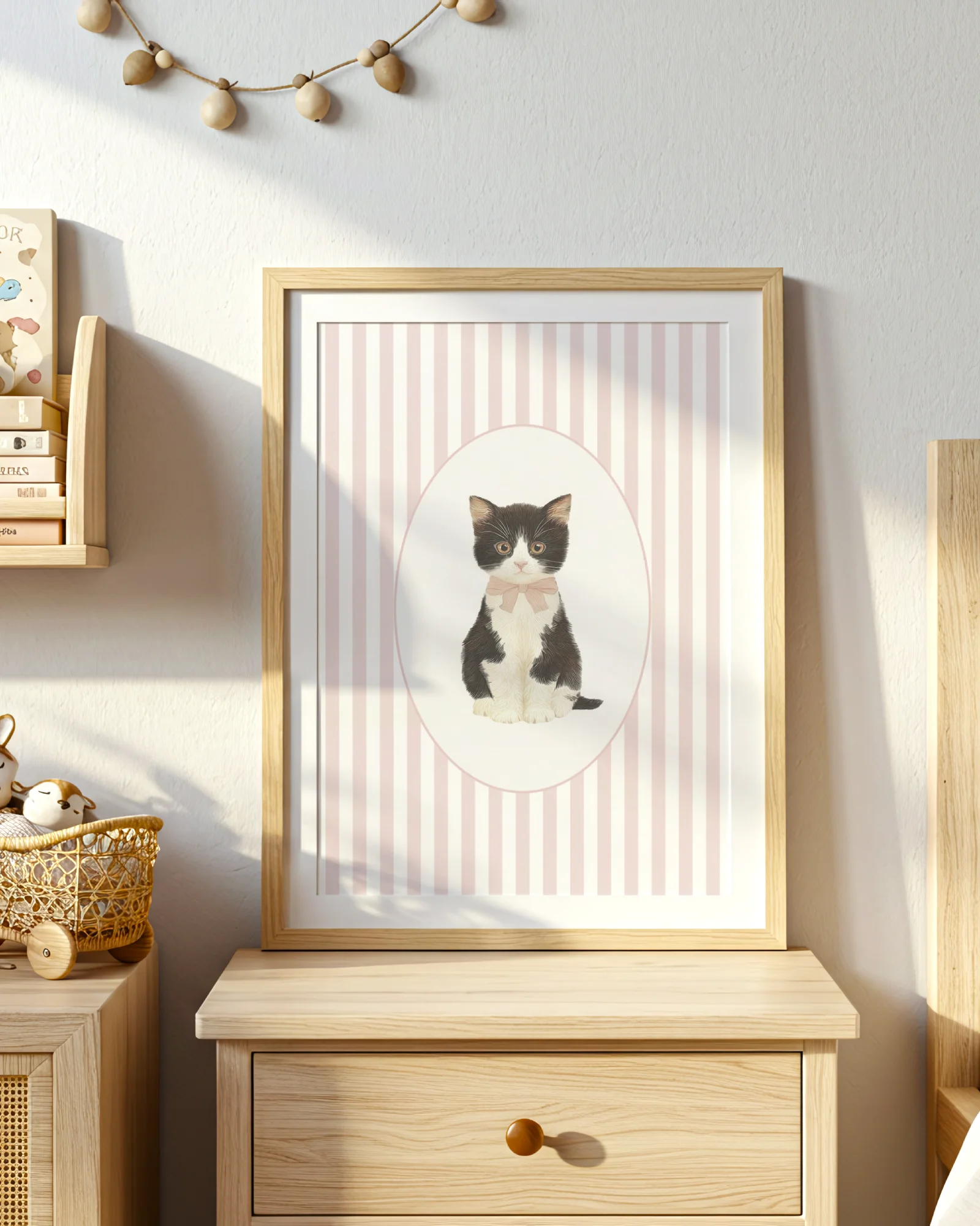Tuxedo Kitten Pink Stripe Nursery Printable Cat Poster