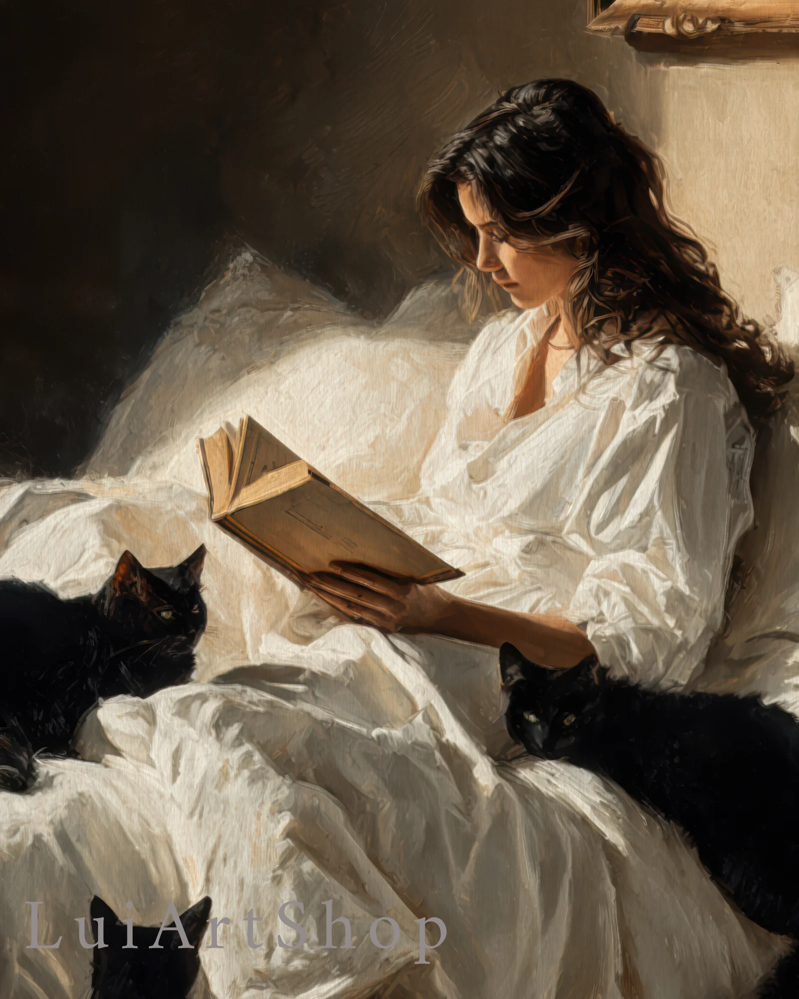 Black_Cats_Woman_Reading_in_Bed_Printable_Cat_Poster
