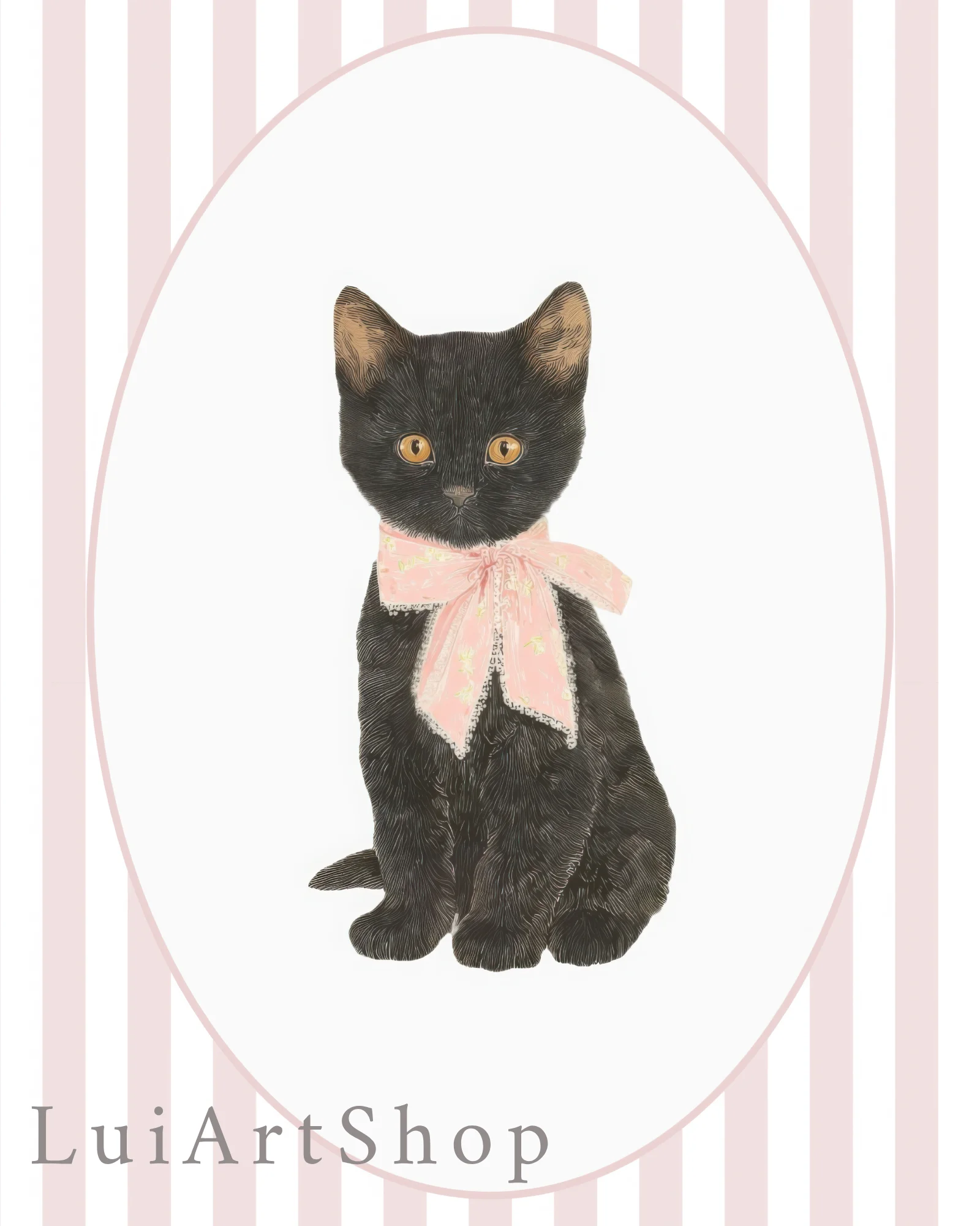 Black Cat Kitten Pink Stripe Nursery Printable Cat Poster