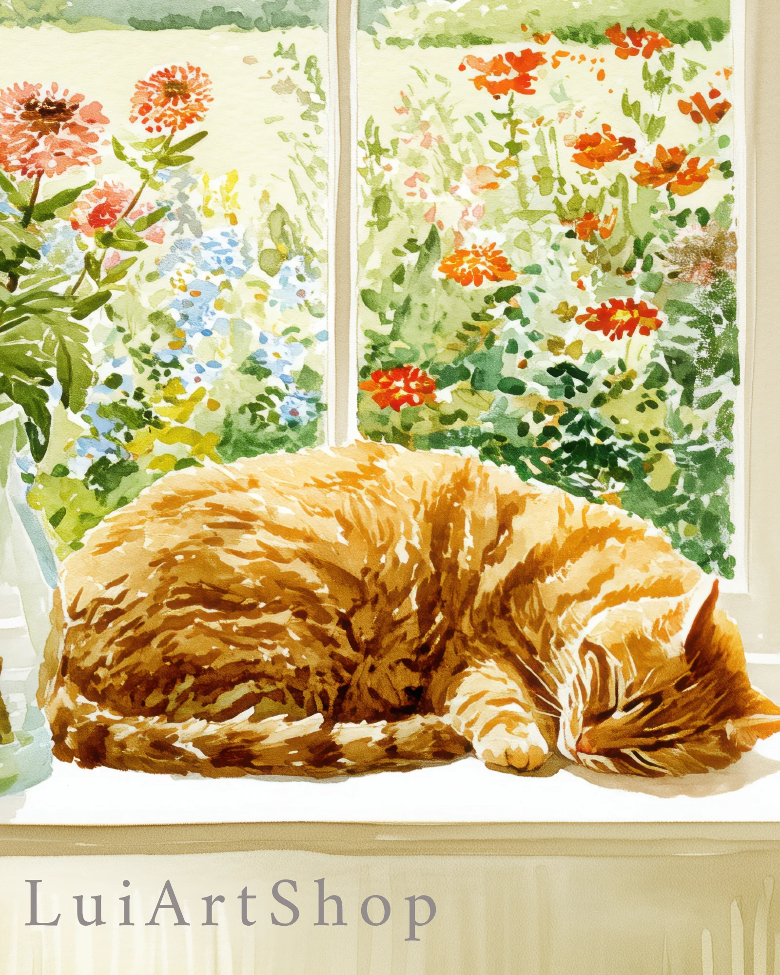Orange Tabby Cat Window Floral Printable Cat Poster