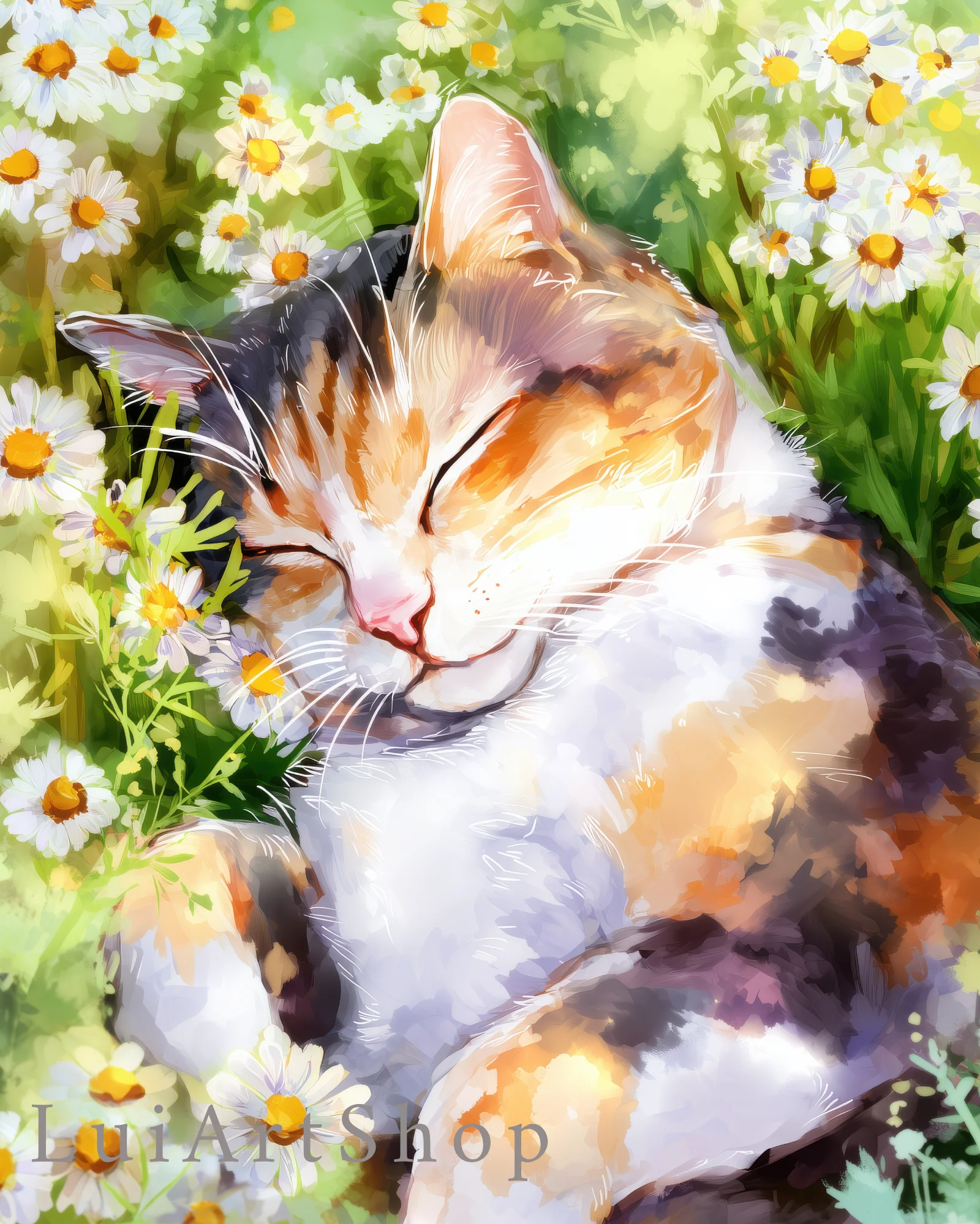 Calico Cat Sleeping in Daisy Field Printable Cat Poster