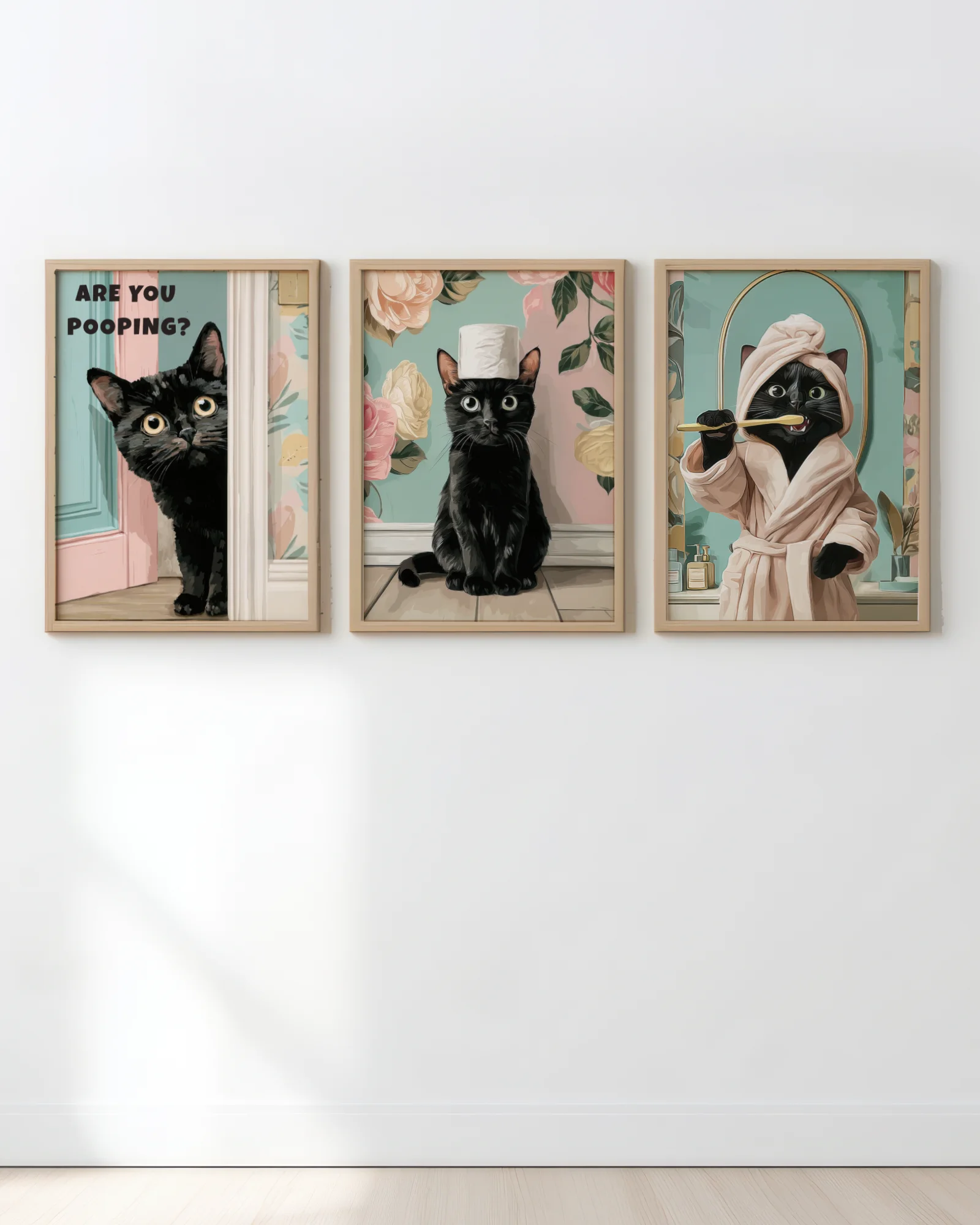 Funny Black Cat Bathroom Printable Posters Set of 3