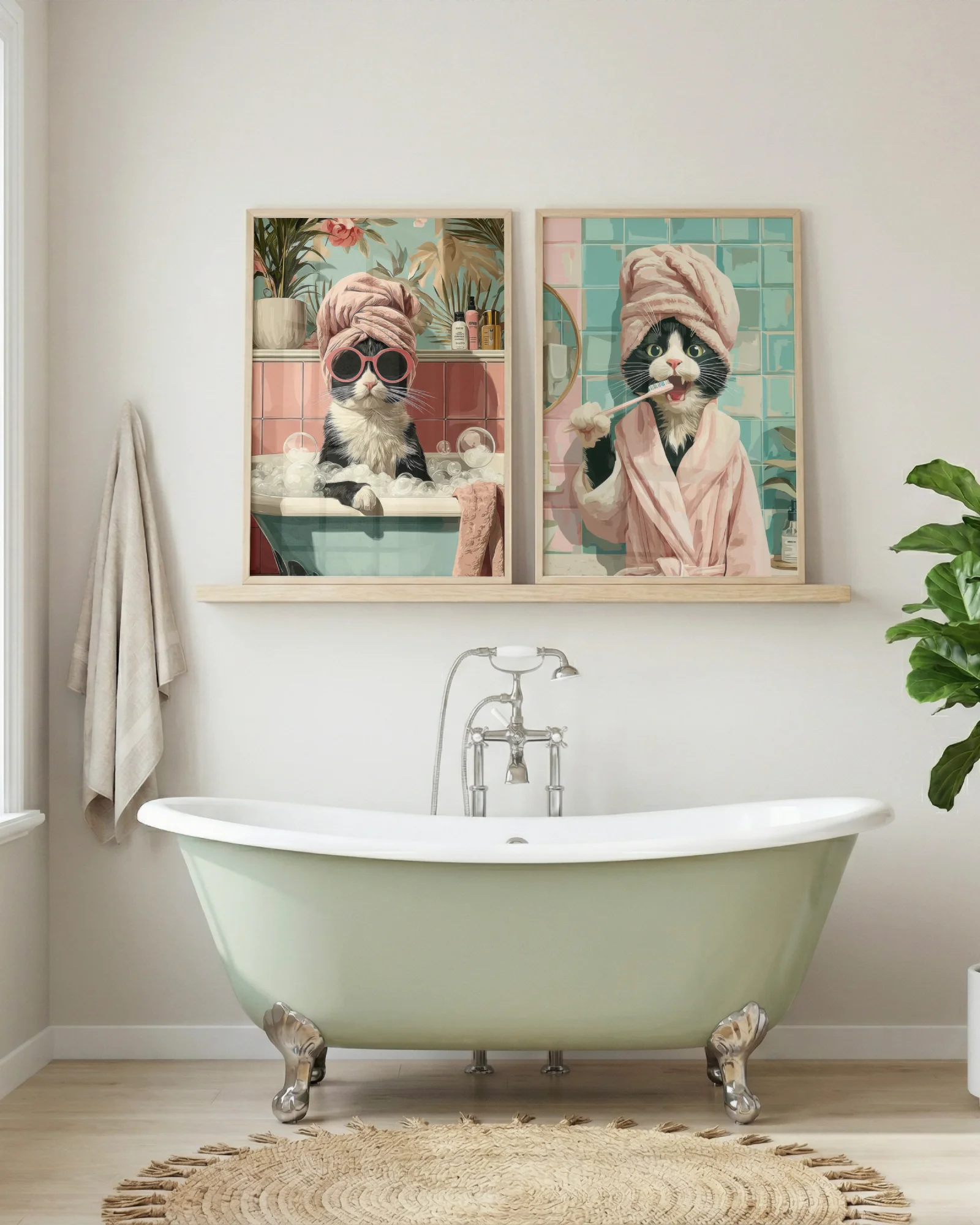 Tuxedo Cat Bathroom Printable Poster Set of 6