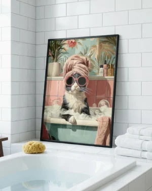 Tuxedo Cat in Bubble Bath Bathroom Printable Poster