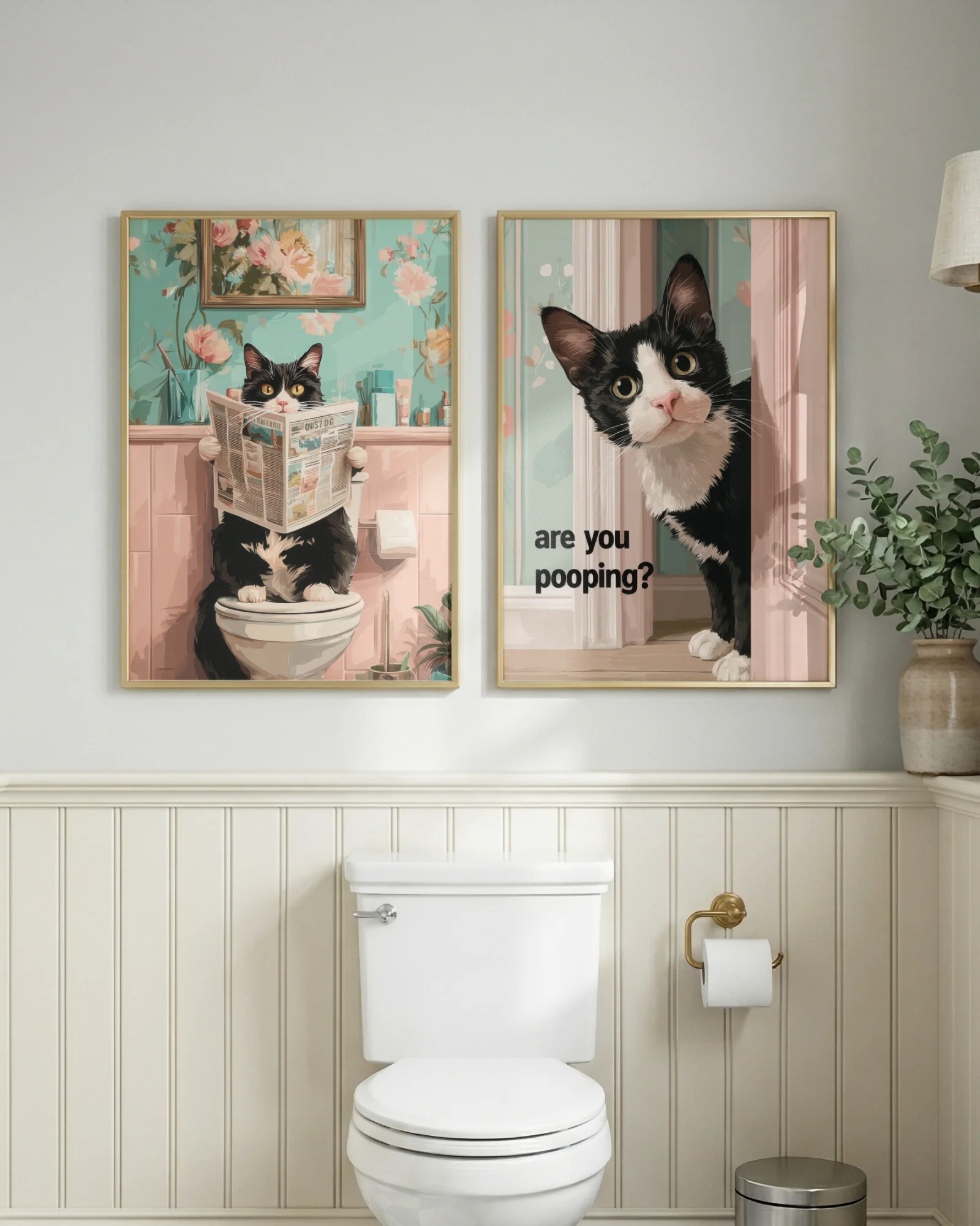 Tuxedo Cat Bathroom Printable Poster Set of 6