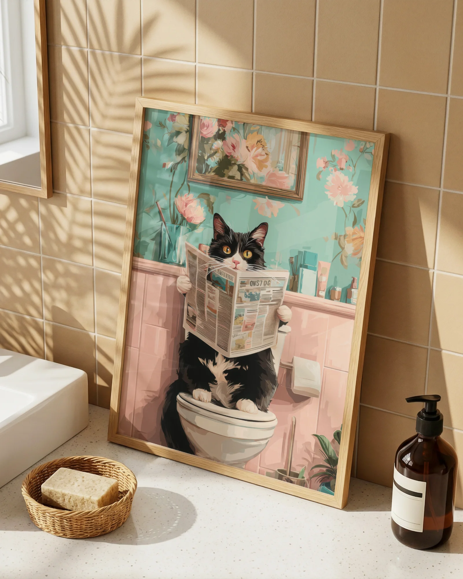 Tuxedo Cat on Toilet Bathroom Printable Poster