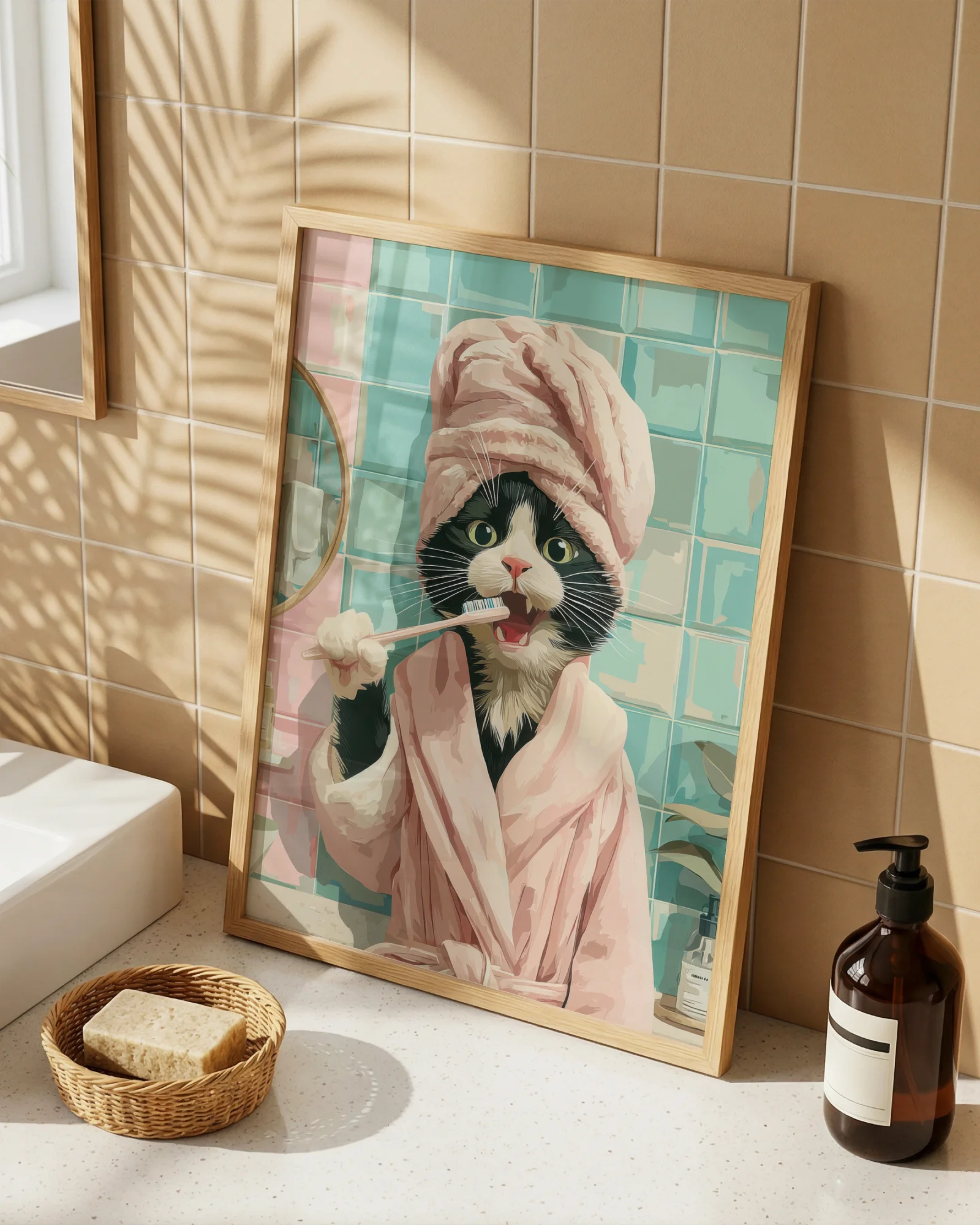 Tuxedo Cat Brushing Teeth Printable Poster