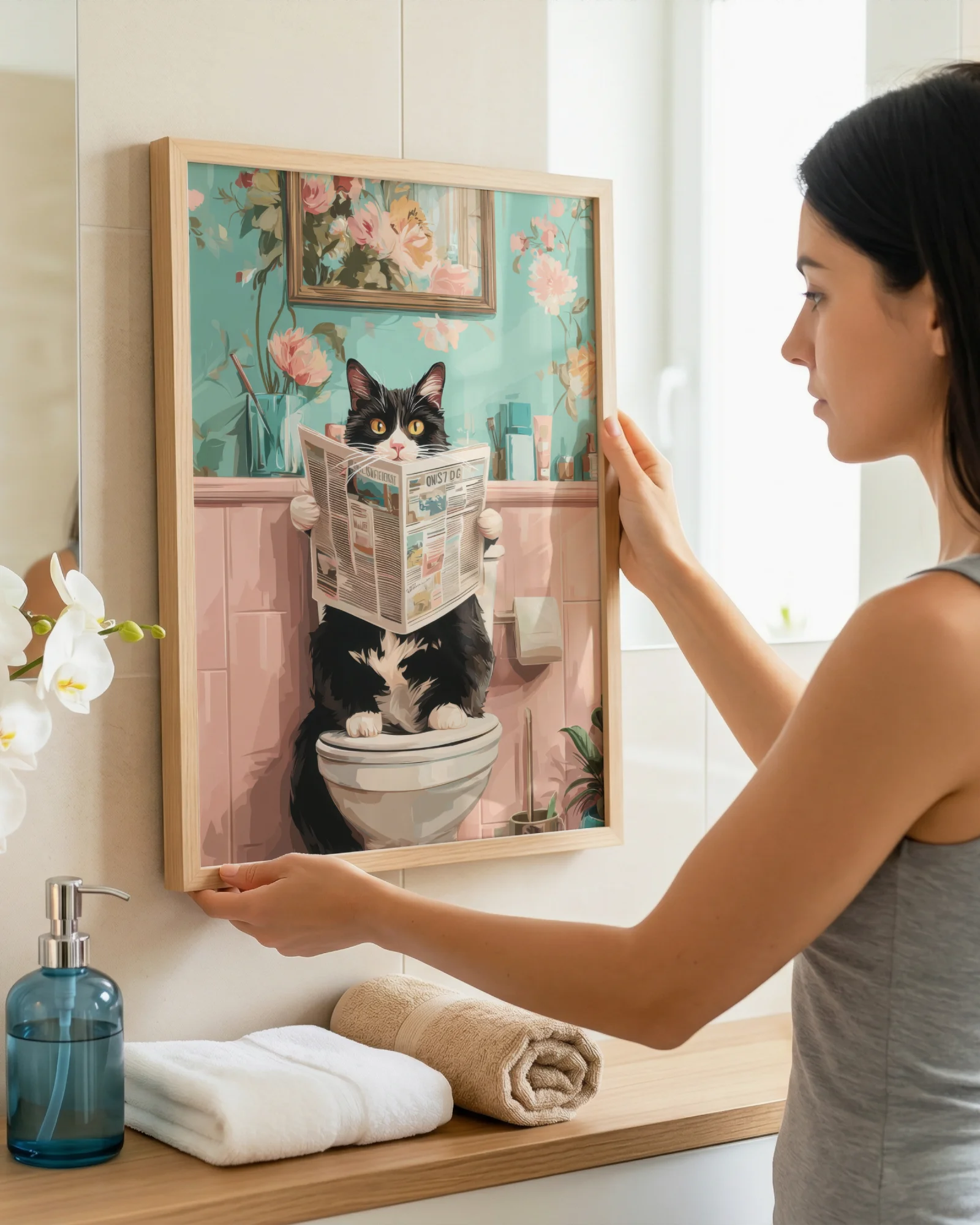 Tuxedo Cat on Toilet Bathroom Printable Poster