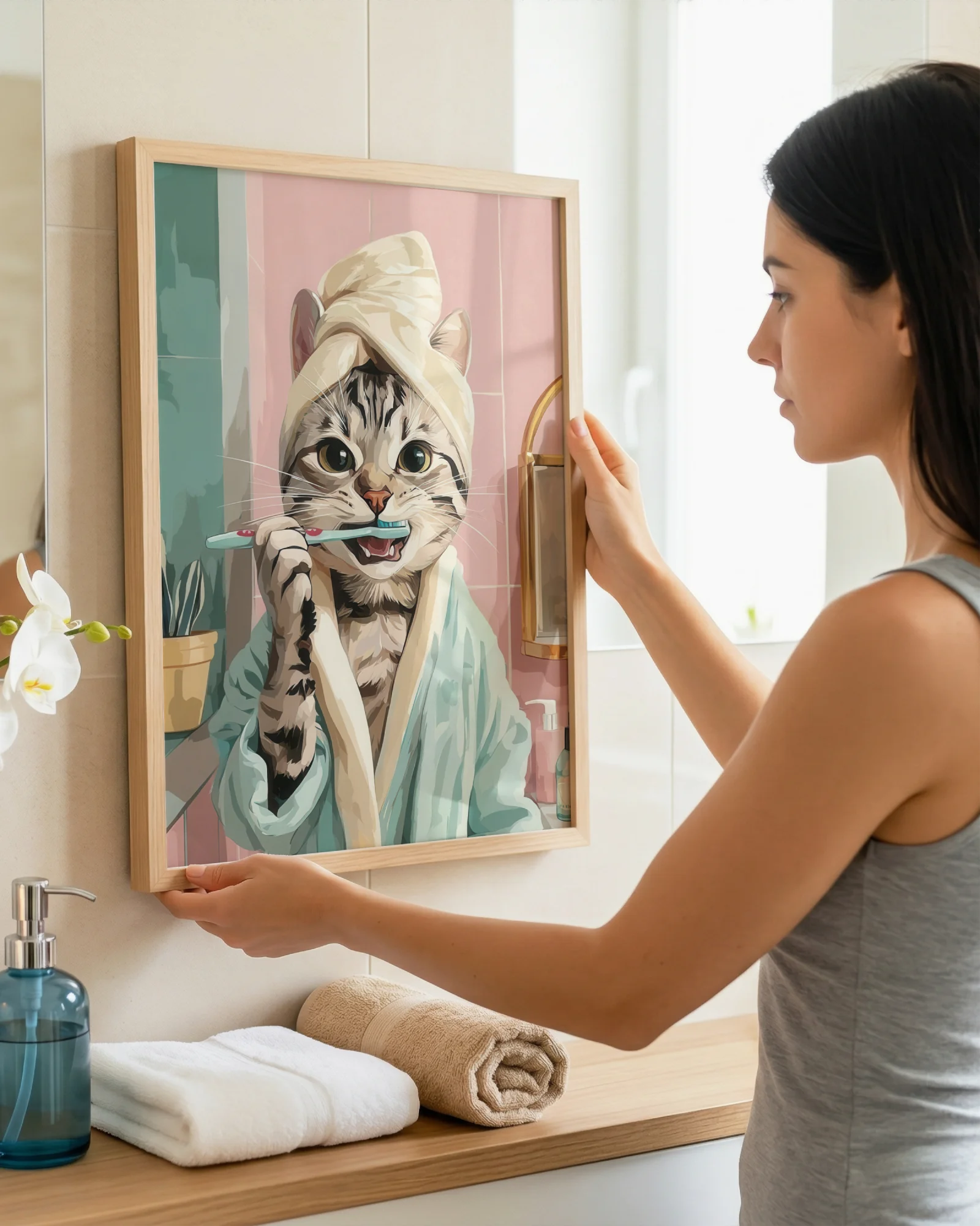 American Shorthair Cat Brushing Teeth Printable Poster