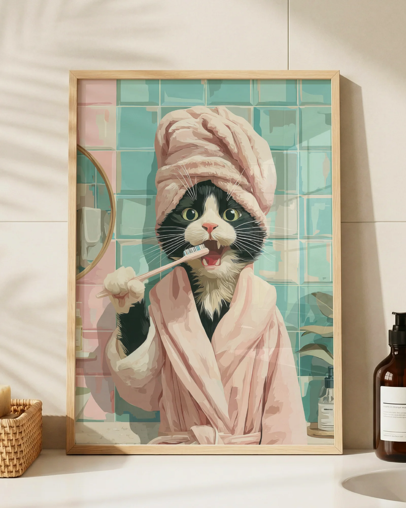 Tuxedo Cat Brushing Teeth Printable Poster