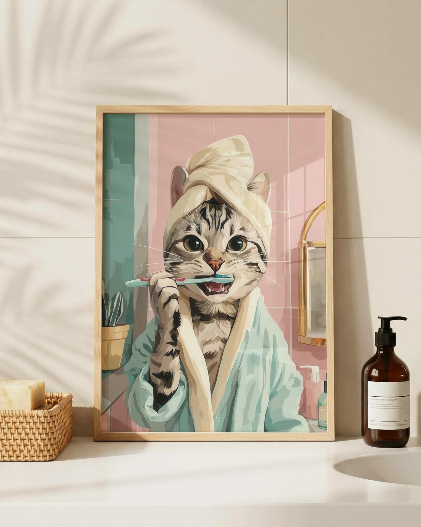American Shorthair Cat Brushing Teeth Printable Poster