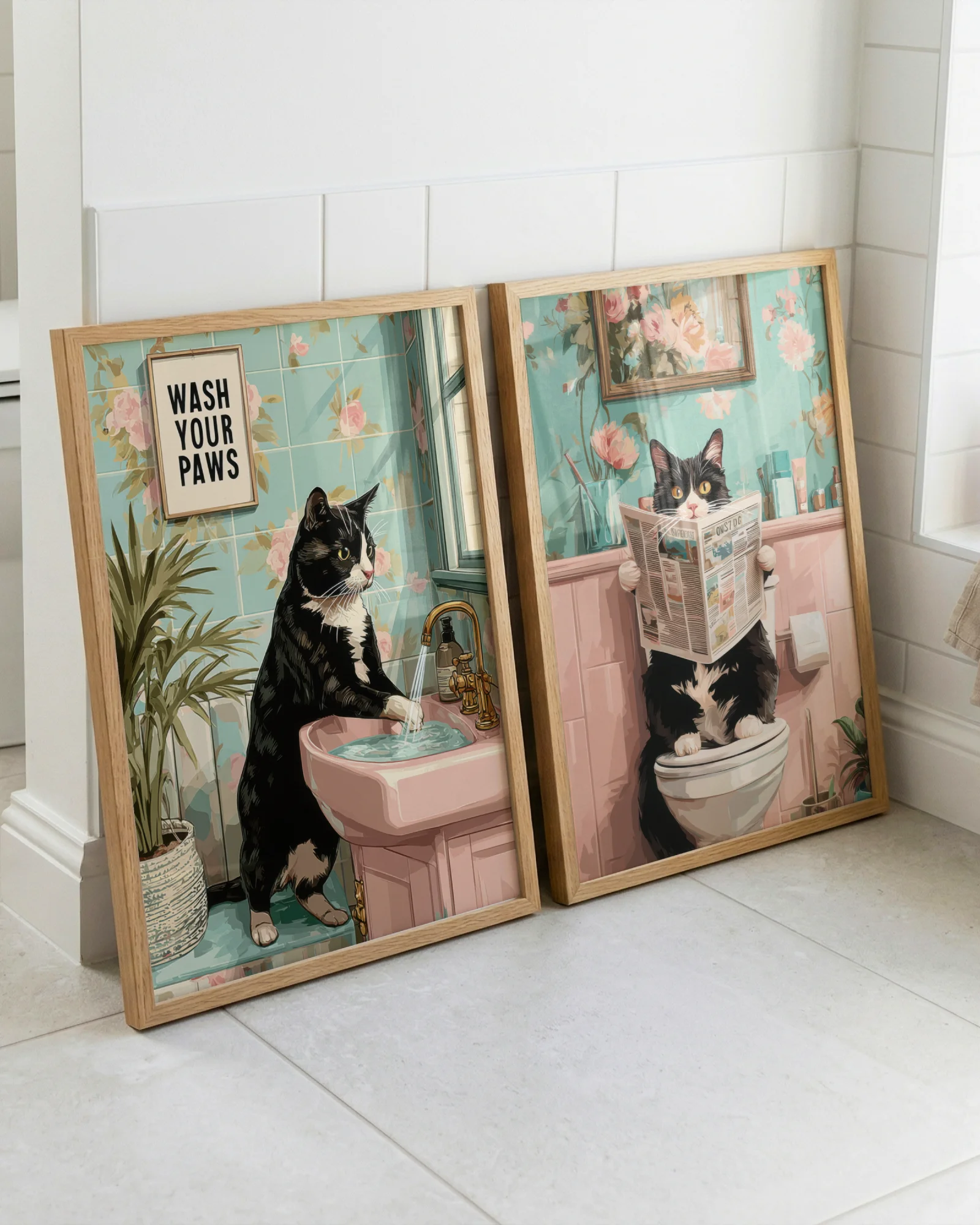 Tuxedo Cat Bathroom Printable Poster Set of 6