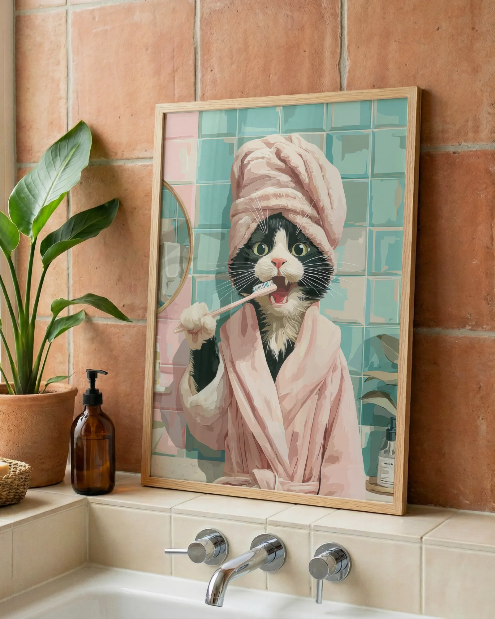 Tuxedo Cat Brushing Teeth Printable Poster
