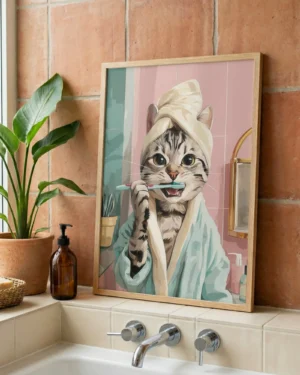 American Shorthair Cat Brushing Teeth Printable Poster