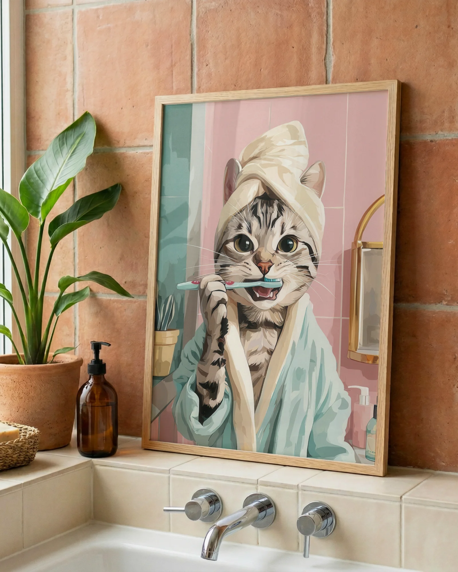 American Shorthair Cat Brushing Teeth Printable Poster