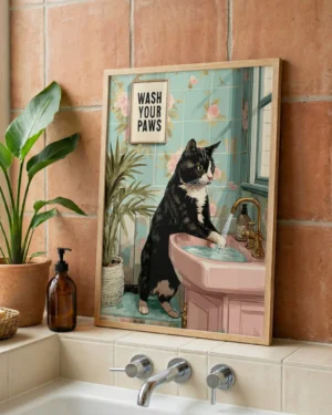Tuxedo Cat Washing Paws Bathroom Printable Poster