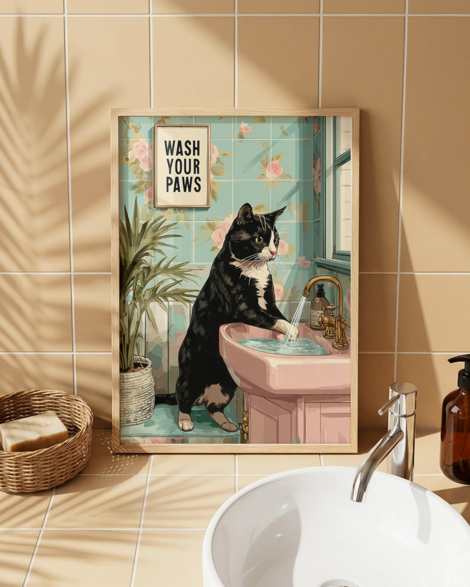 Tuxedo Cat Bathroom Printable Poster Set of 6