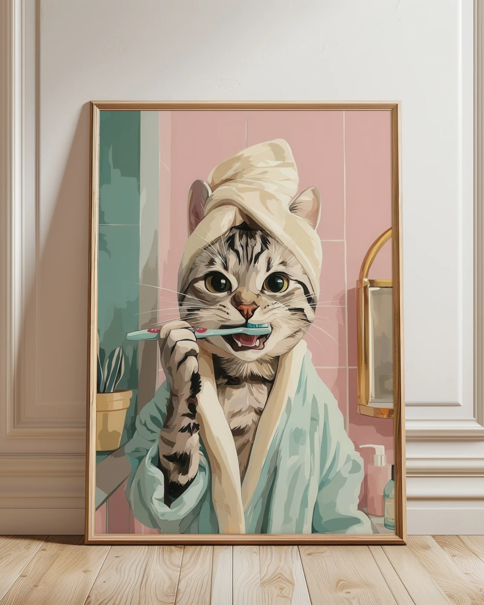 American Shorthair Cat Brushing Teeth Printable Poster