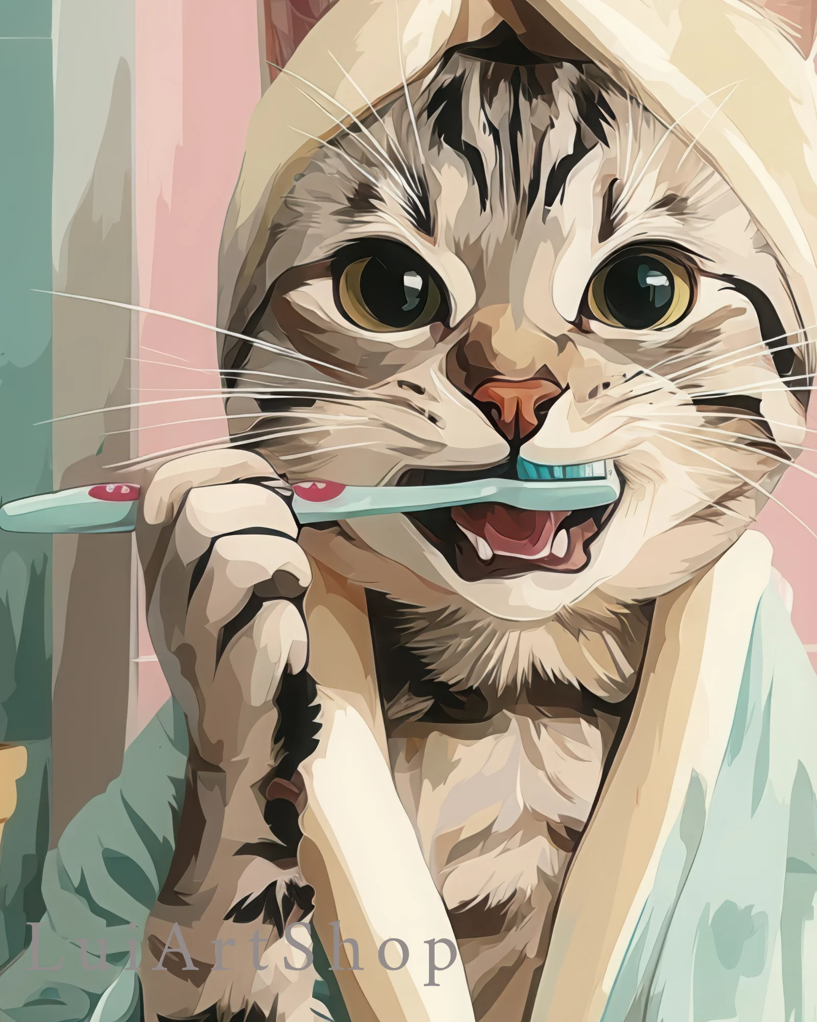 American Shorthair Cat Brushing Teeth Printable Poster - Image 8