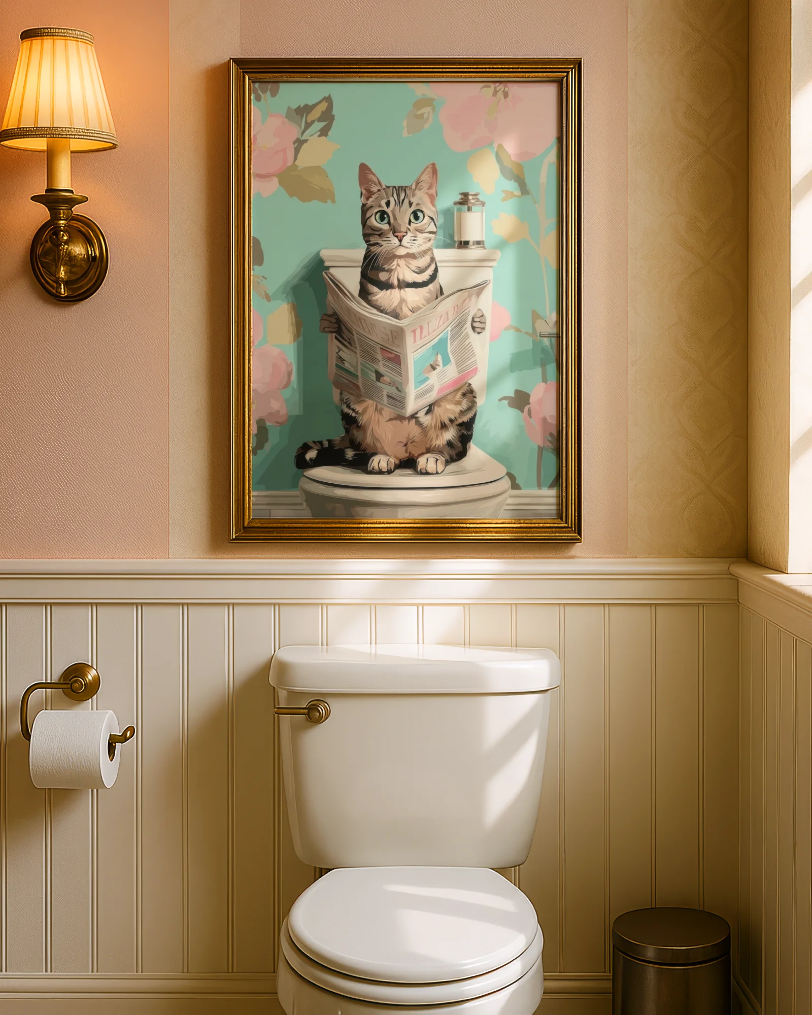 American Shorthair Cat Toilet Reading Newspaper