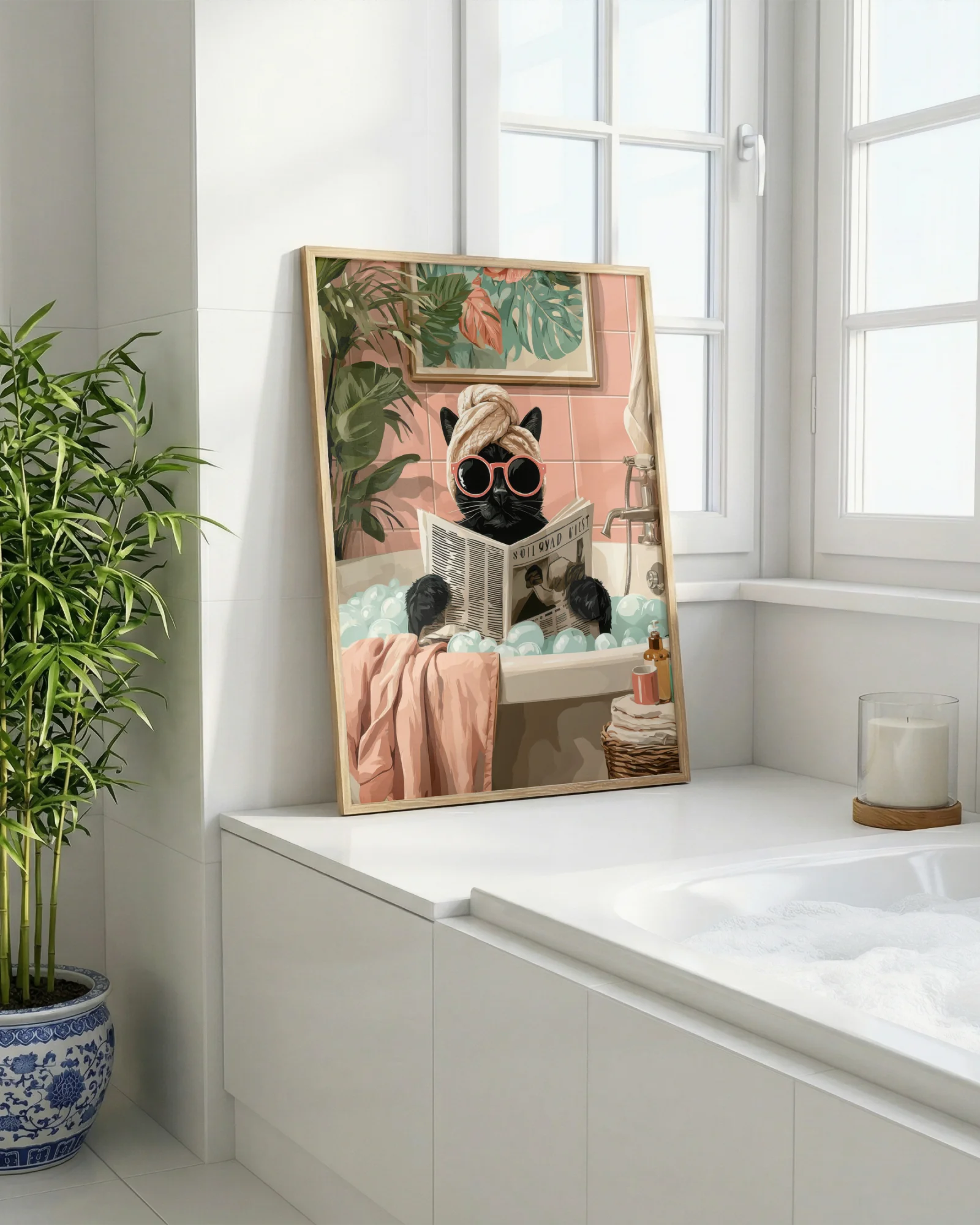 Black Cat in Bubble Bath Reading Newspaper