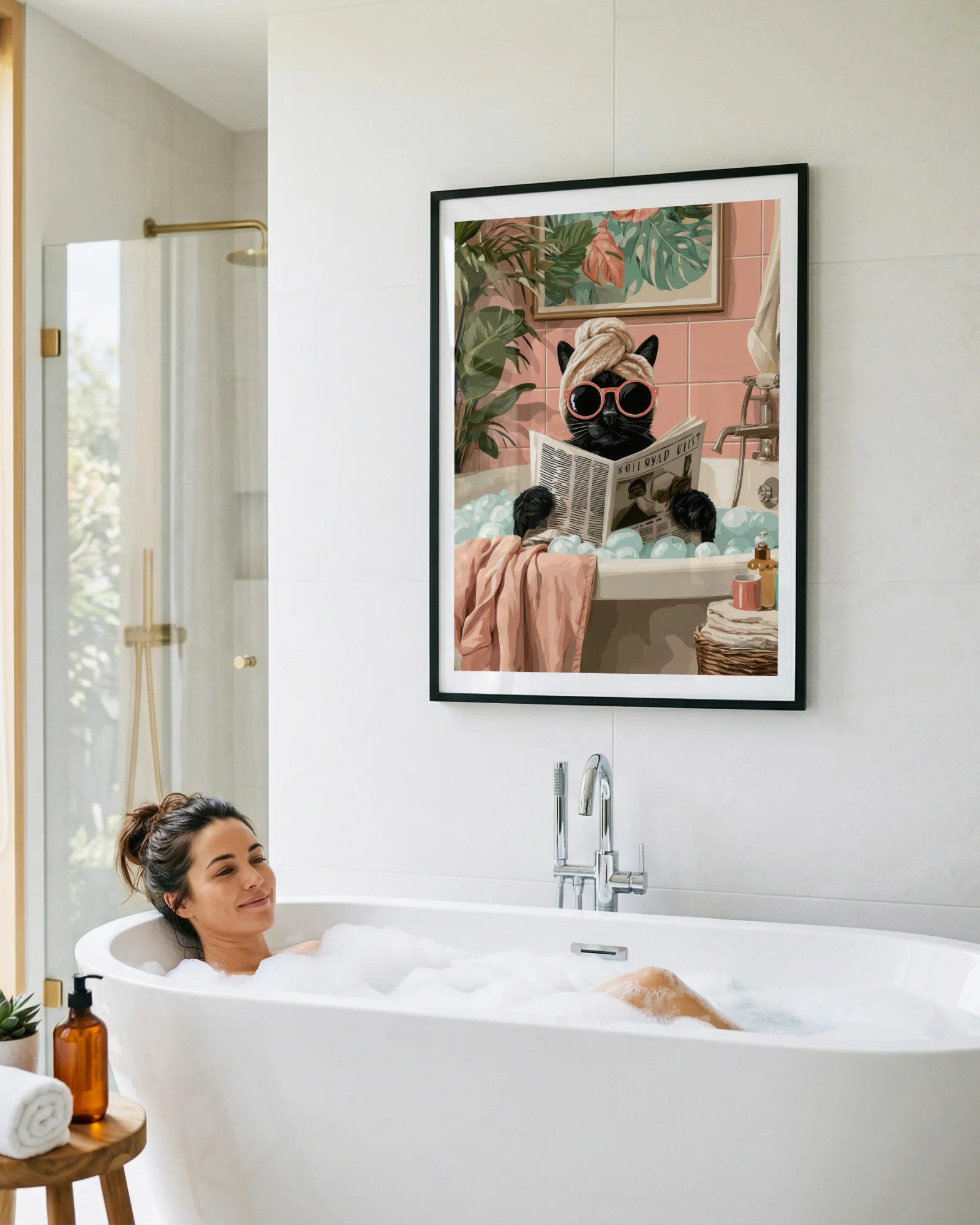 Black Cat in Bubble Bath Reading Newspaper