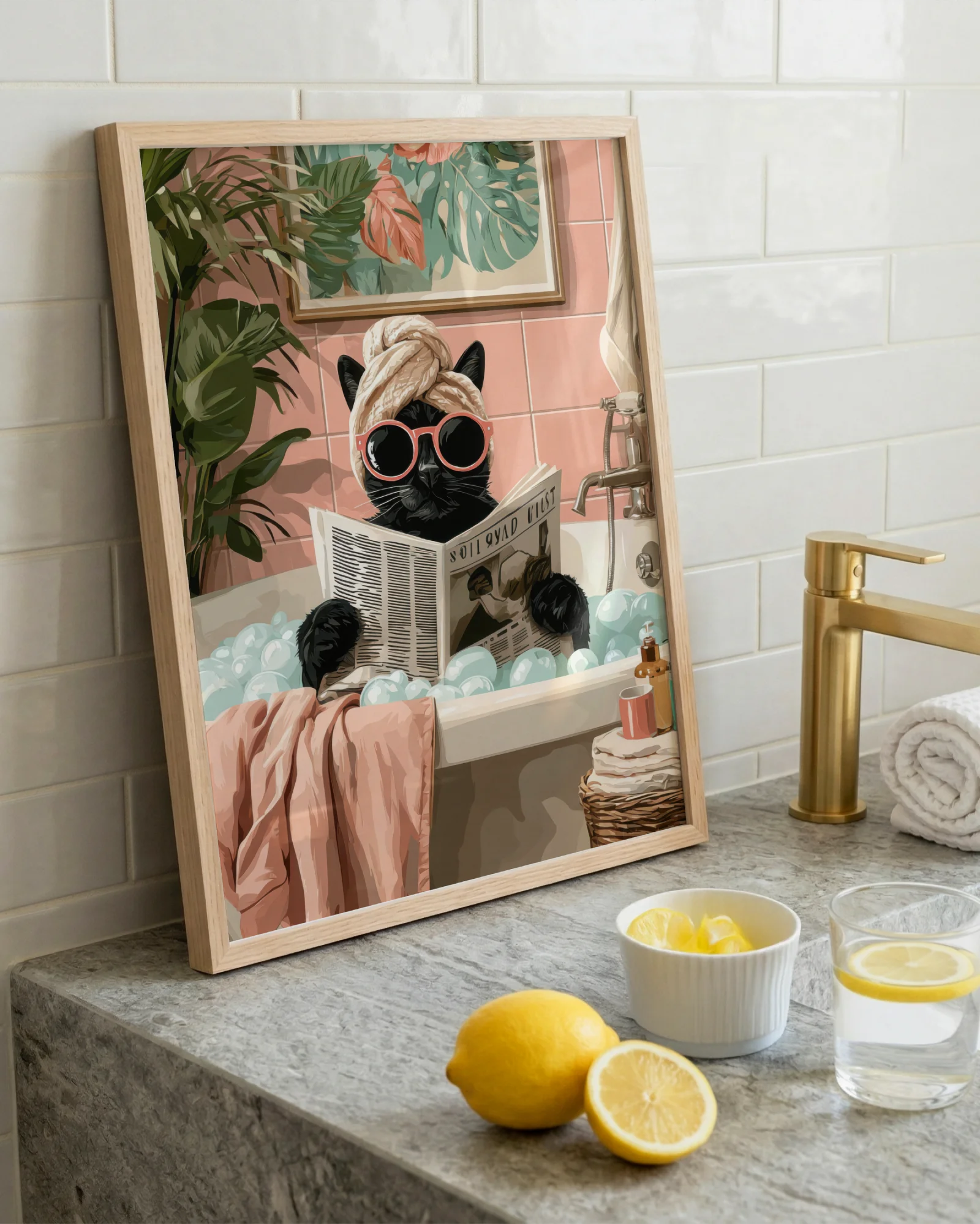 Black Cat in Bubble Bath Reading Newspaper