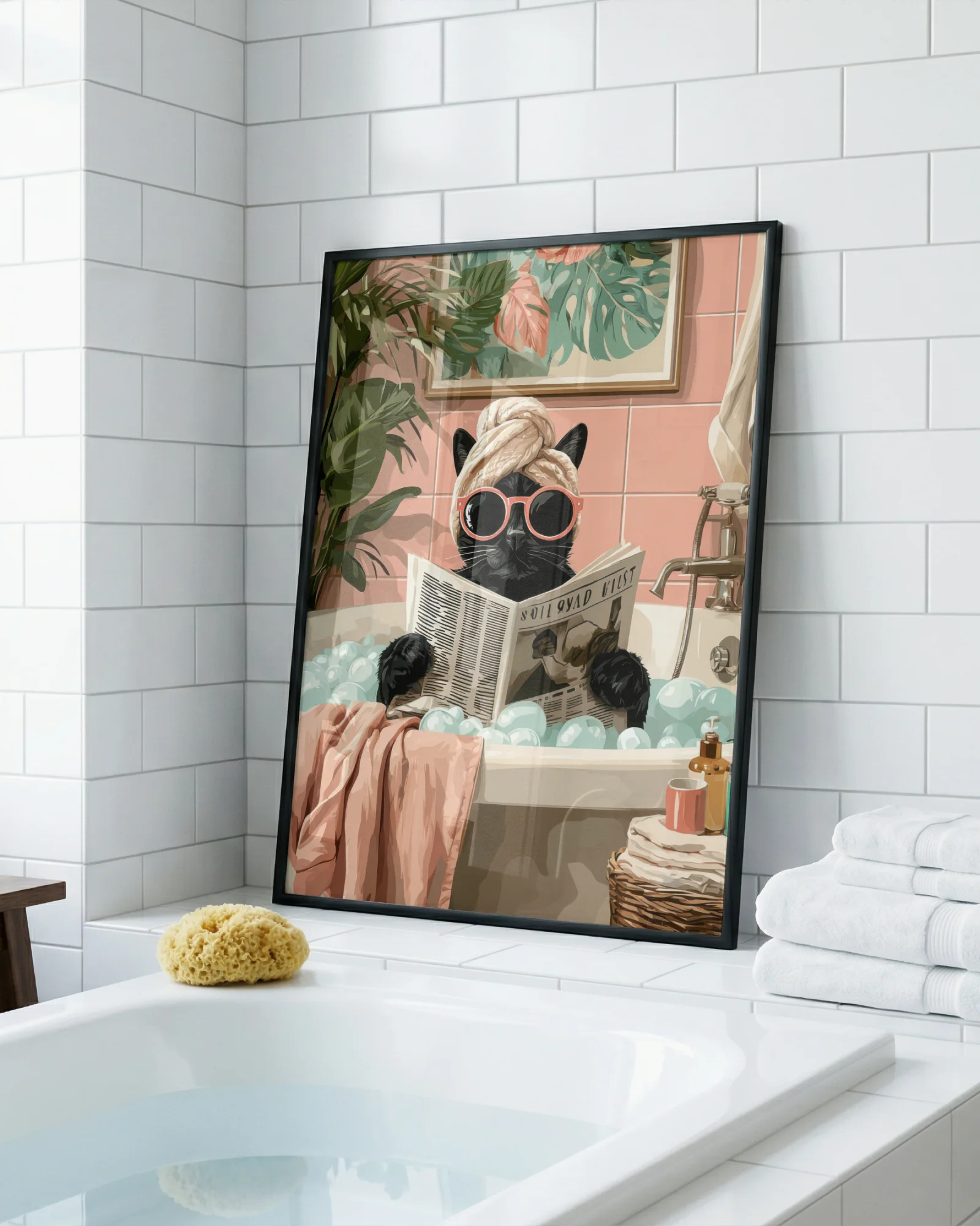 Black Cat in Bubble Bath Reading Newspaper
