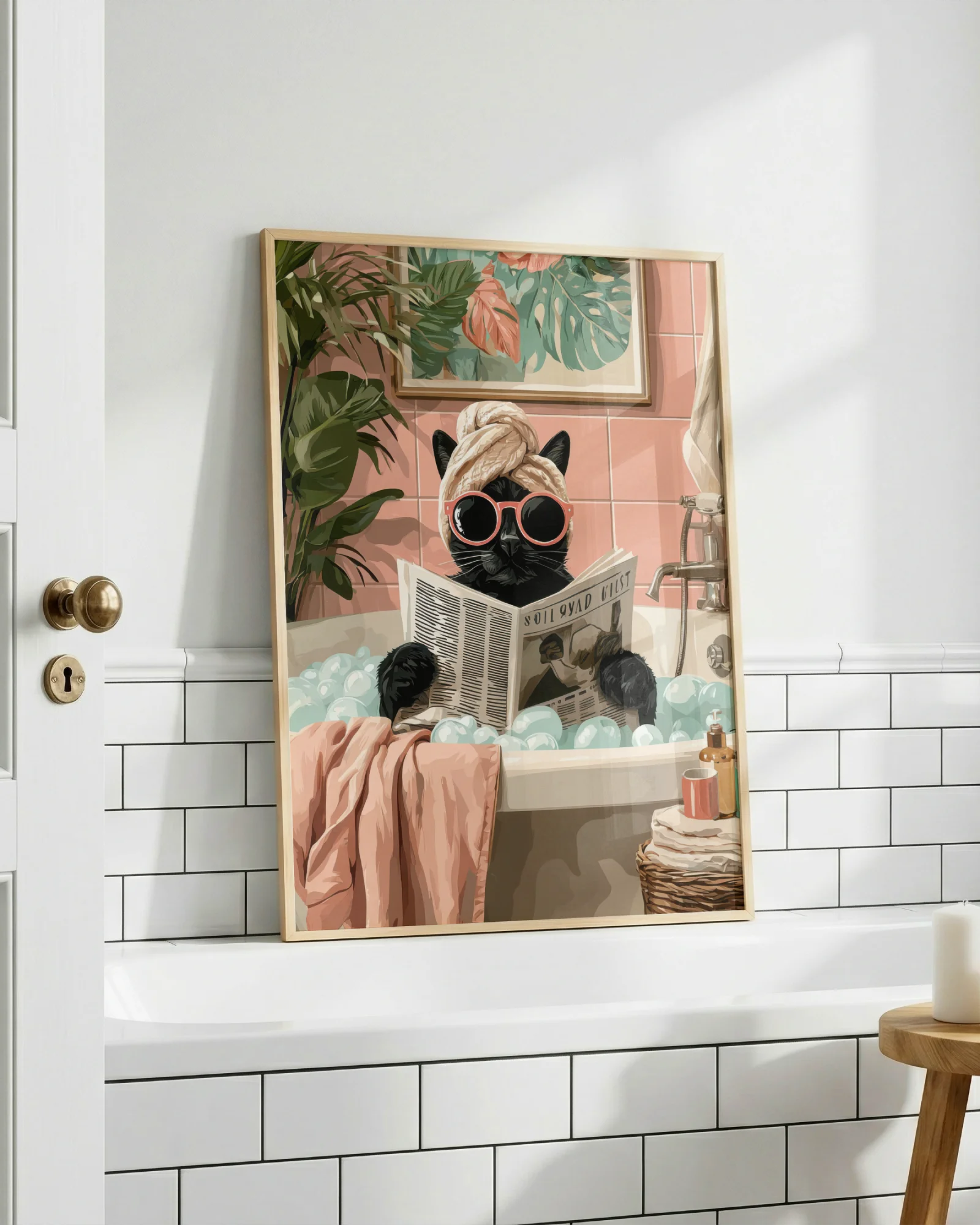 Black Cat in Bubble Bath Reading Newspaper